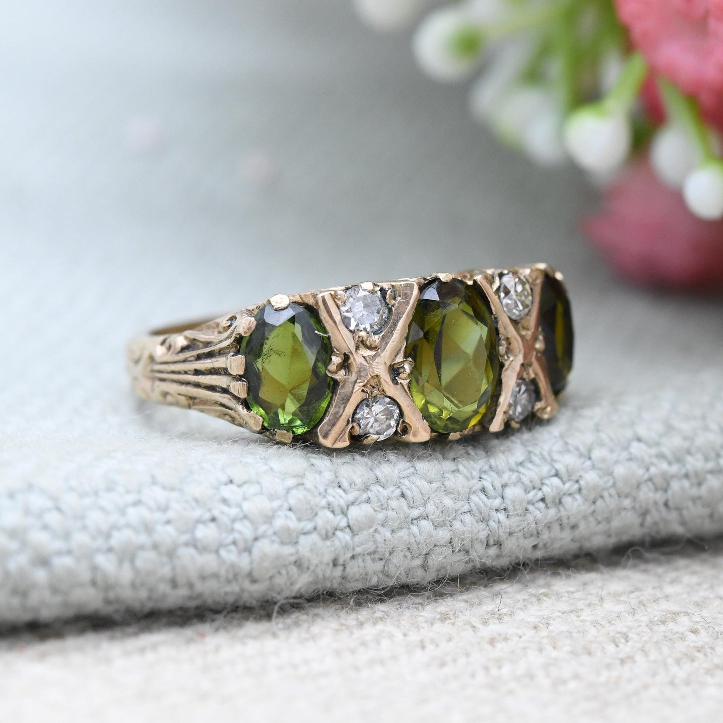 Vintage 9ct Gold Tourmaline Three Stone Ring - Olive Green Flush Set Trilogy Half Eternity Ring Accent Stones | UK Size - L US Size - 5 3/4