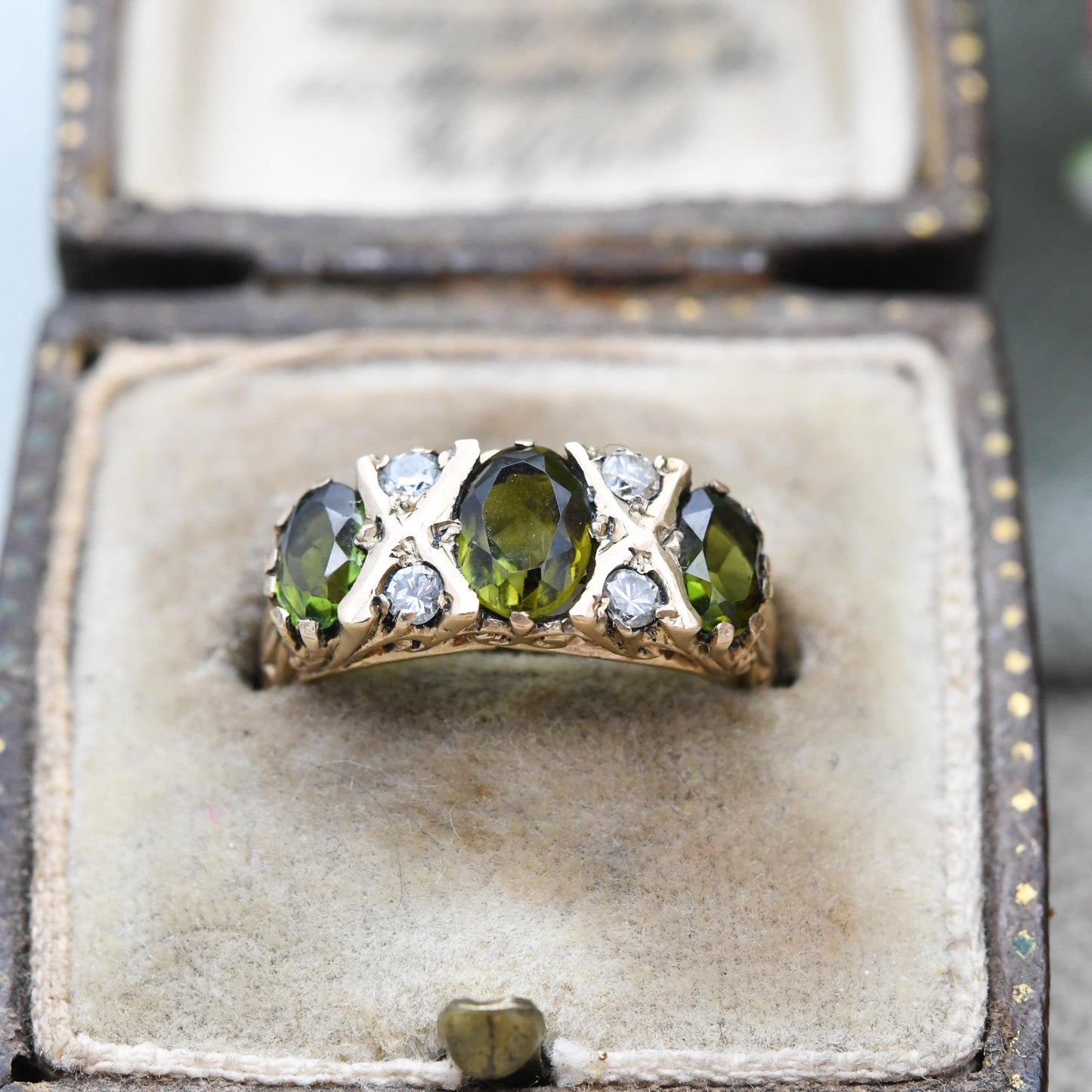 Vintage 9ct Gold Tourmaline Three Stone Ring - Olive Green Flush Set Trilogy Half Eternity Ring Accent Stones | UK Size - L US Size - 5 3/4