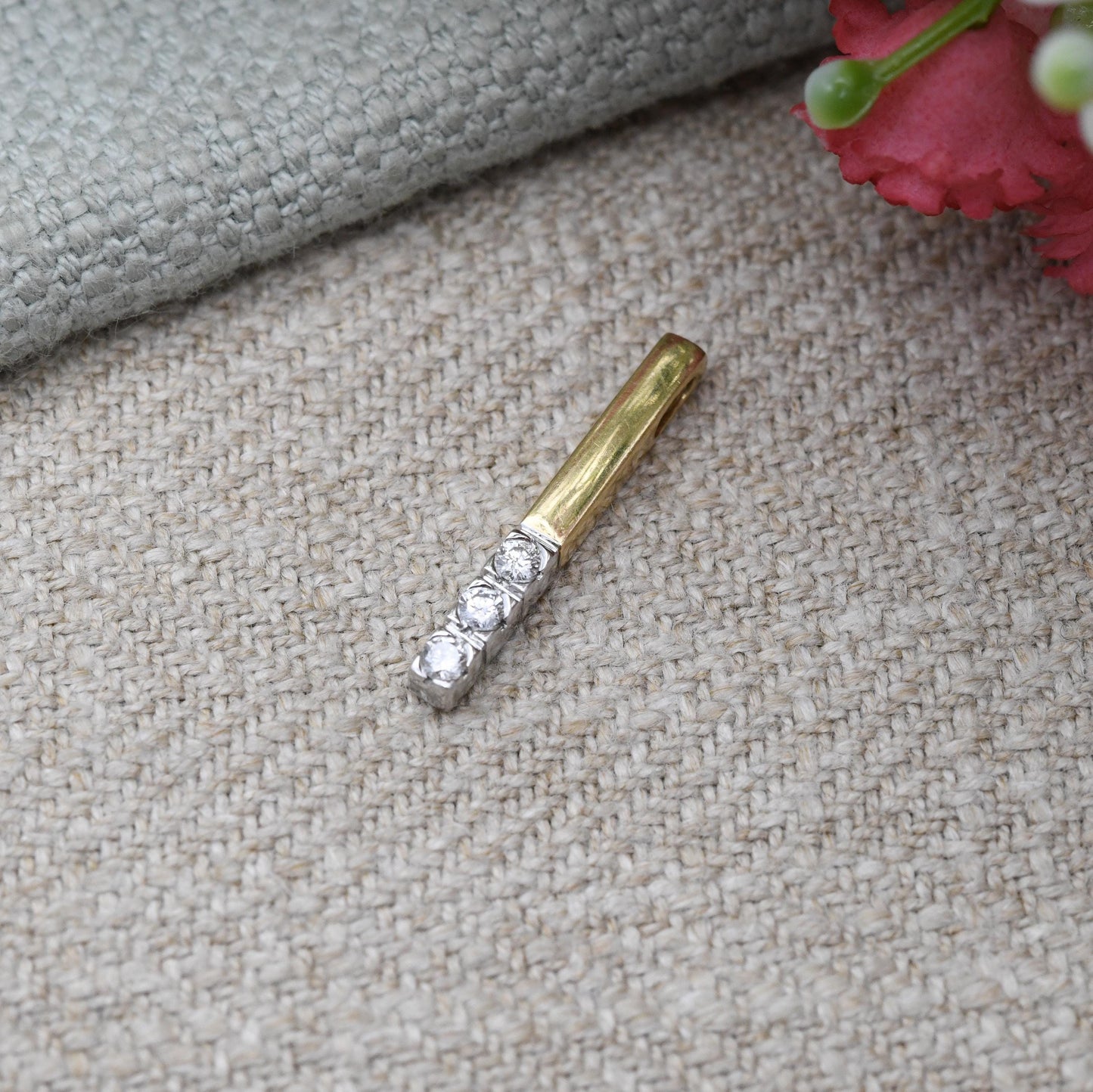 9ct Gold Diamond Pendant 2003 Two Tone White Gold and Yellow Gold - Solid Gold Minimalist Gift for Her | Three Stone Bar Pendant Charm
