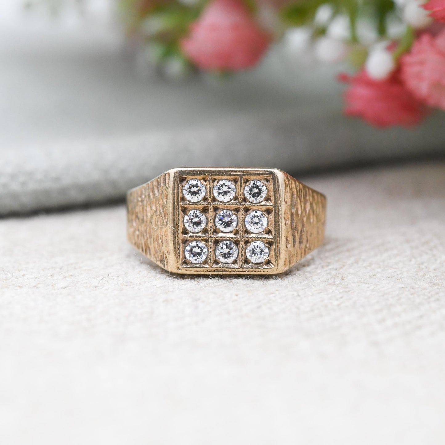 Vintage 9ct Gold CZ Signet Ring - 3 Rows | White Stone | Unisex Solid Yellow Gold Jewellery Gift for Him | UK Size - L | US Size - 5 3/4