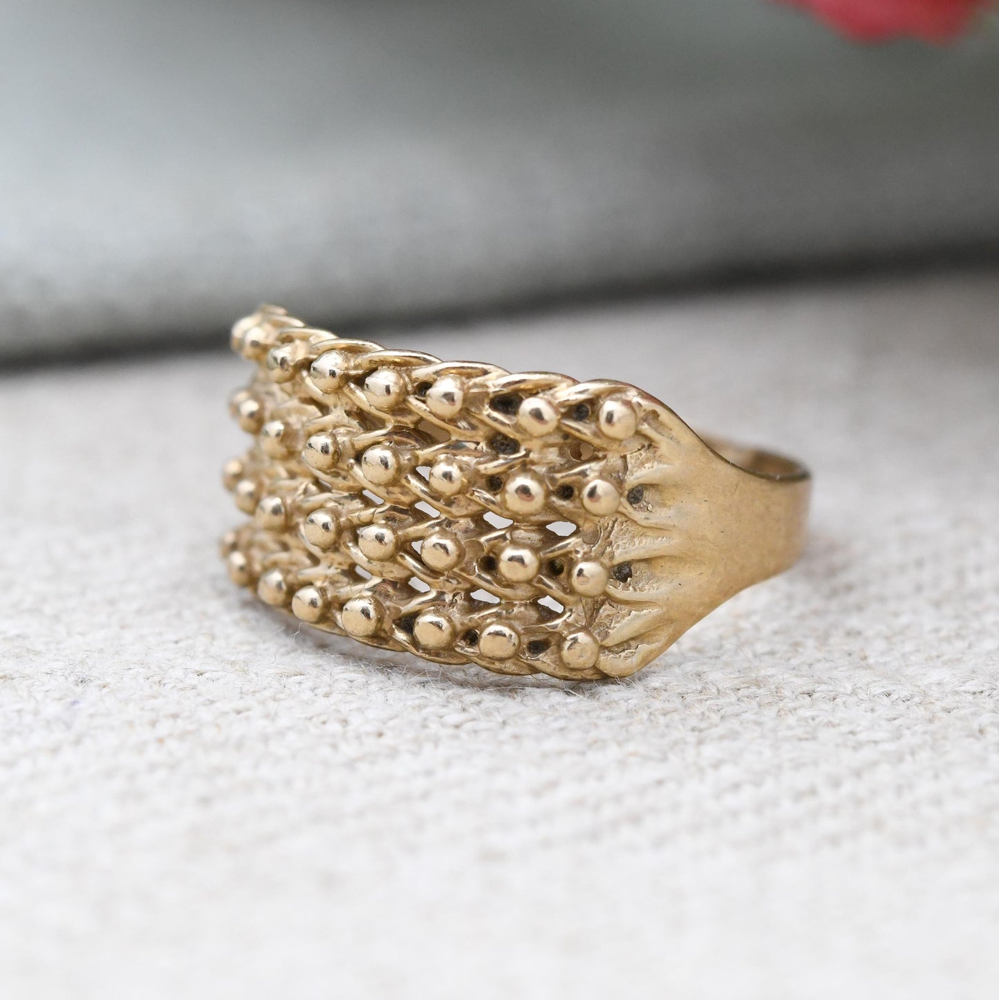 Vintage 9ct Gold Keeper Ring - Four Row Textured Knotted Band Love Symbol | Everyday Gold Jewellery | UK Size - R 1/2 | US Size - 8 3/4