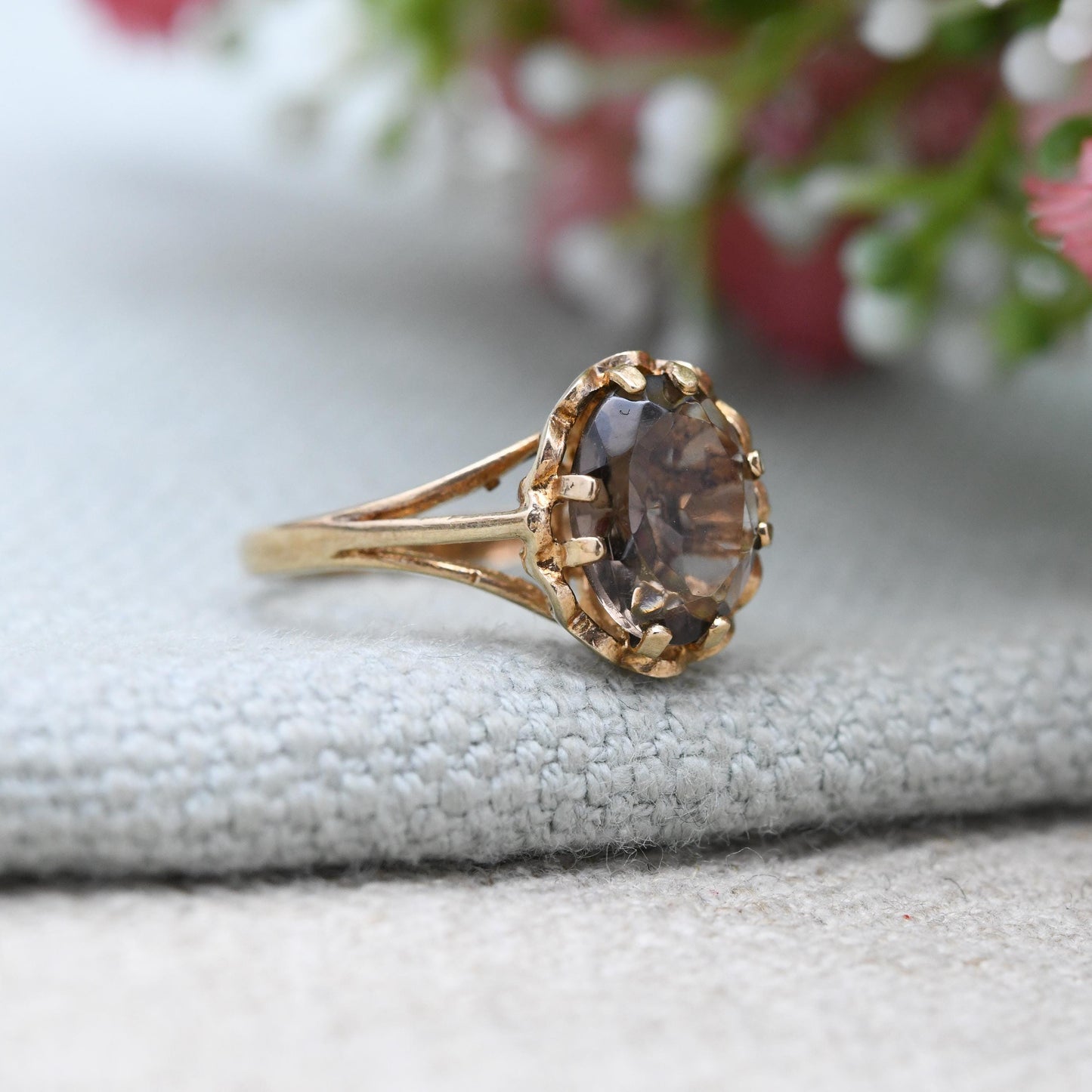 Vintage 9ct Gold Ring Smoky Quartz Statement Ring 1977 PDL - Mid-Century Large Gemstone | UK Size - L | US Size - 5 3/4