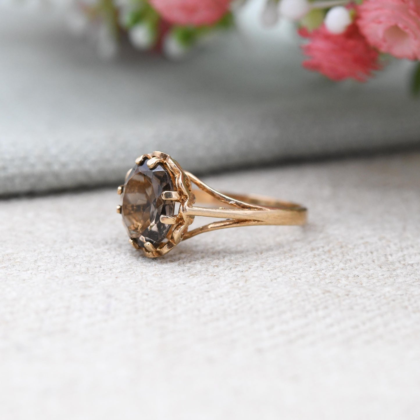 Vintage 9ct Gold Ring Smoky Quartz Statement Ring 1977 PDL - Mid-Century Large Gemstone | UK Size - L | US Size - 5 3/4
