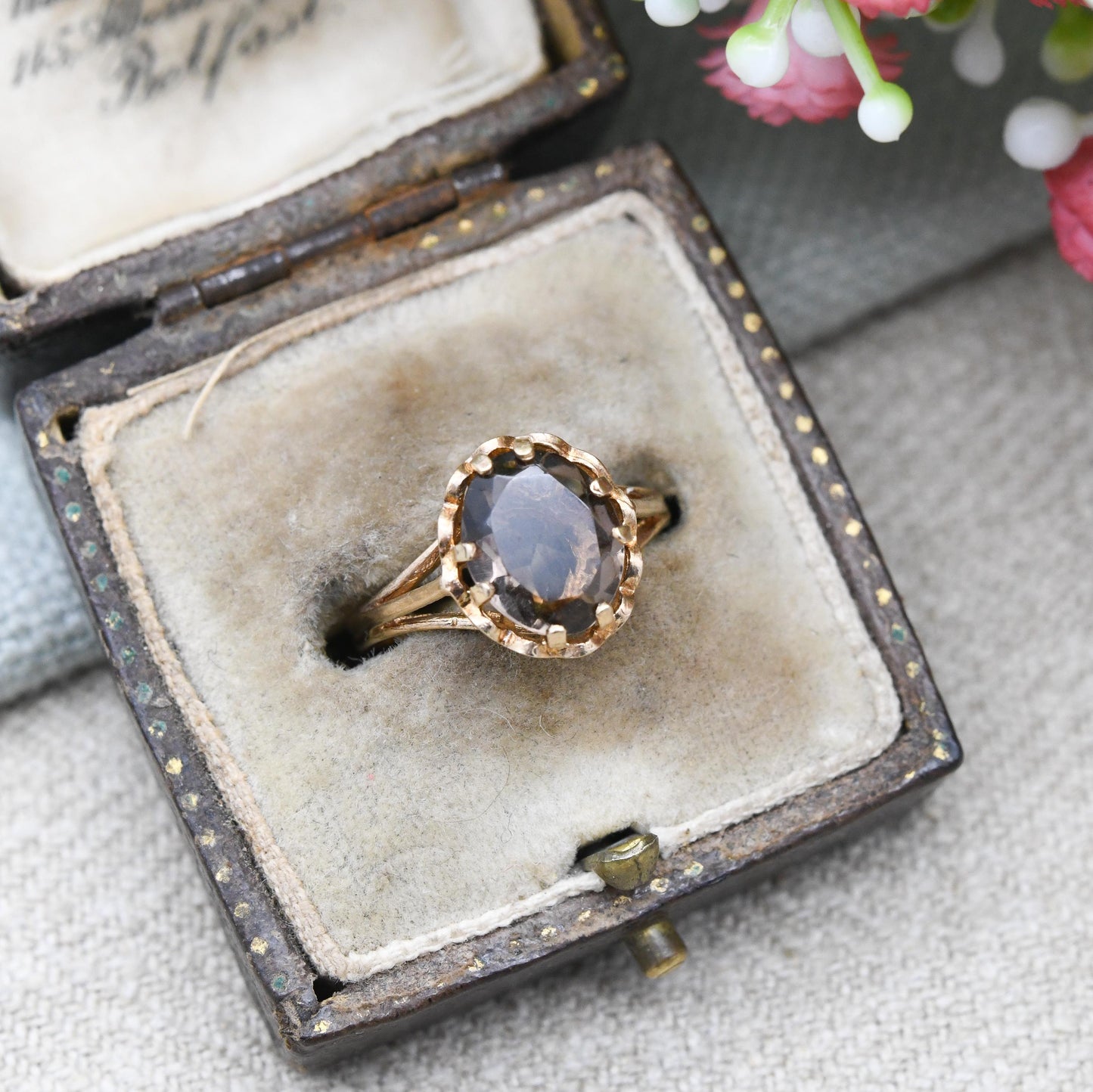 Vintage 9ct Gold Ring Smoky Quartz Statement Ring 1977 PDL - Mid-Century Large Gemstone | UK Size - L | US Size - 5 3/4