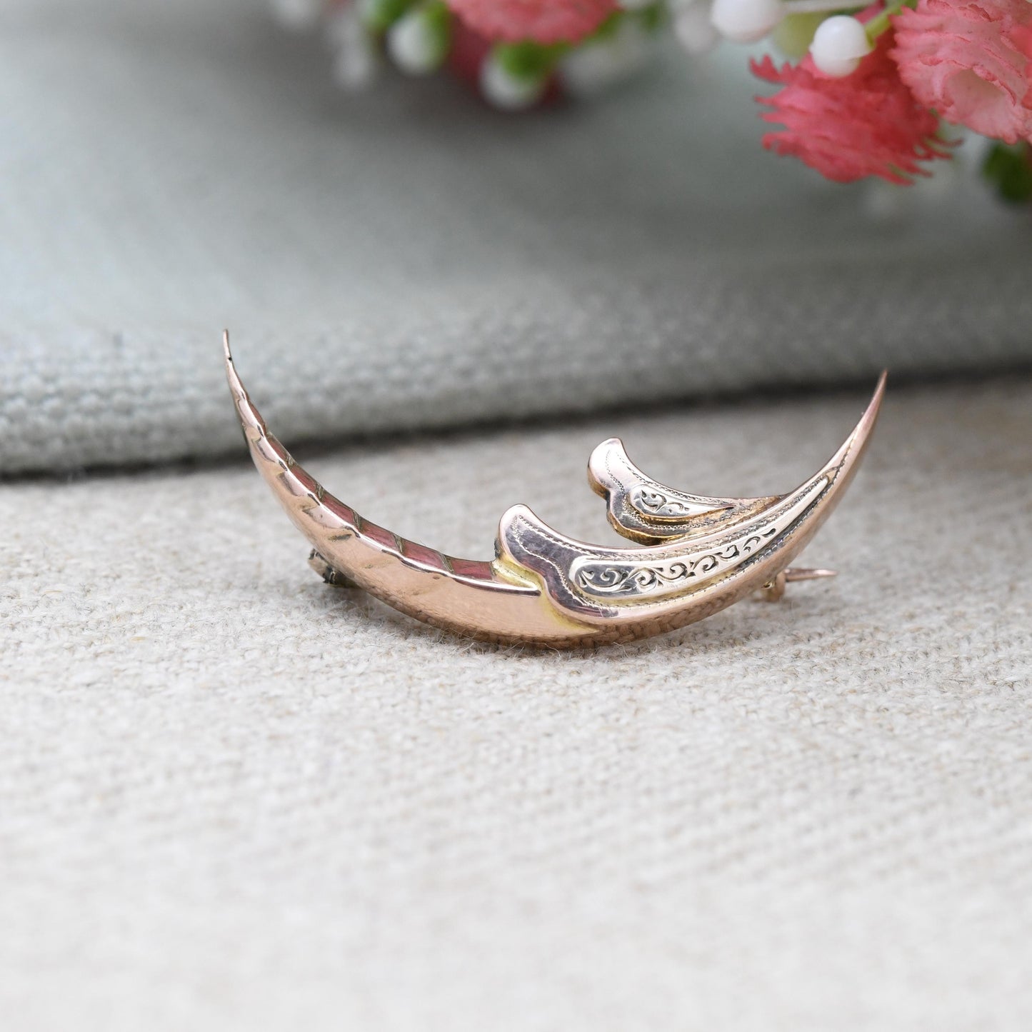 Antique 9ct Gold Crescent Moon Brooch - Edwardian Etched Rose and Yellow Gold