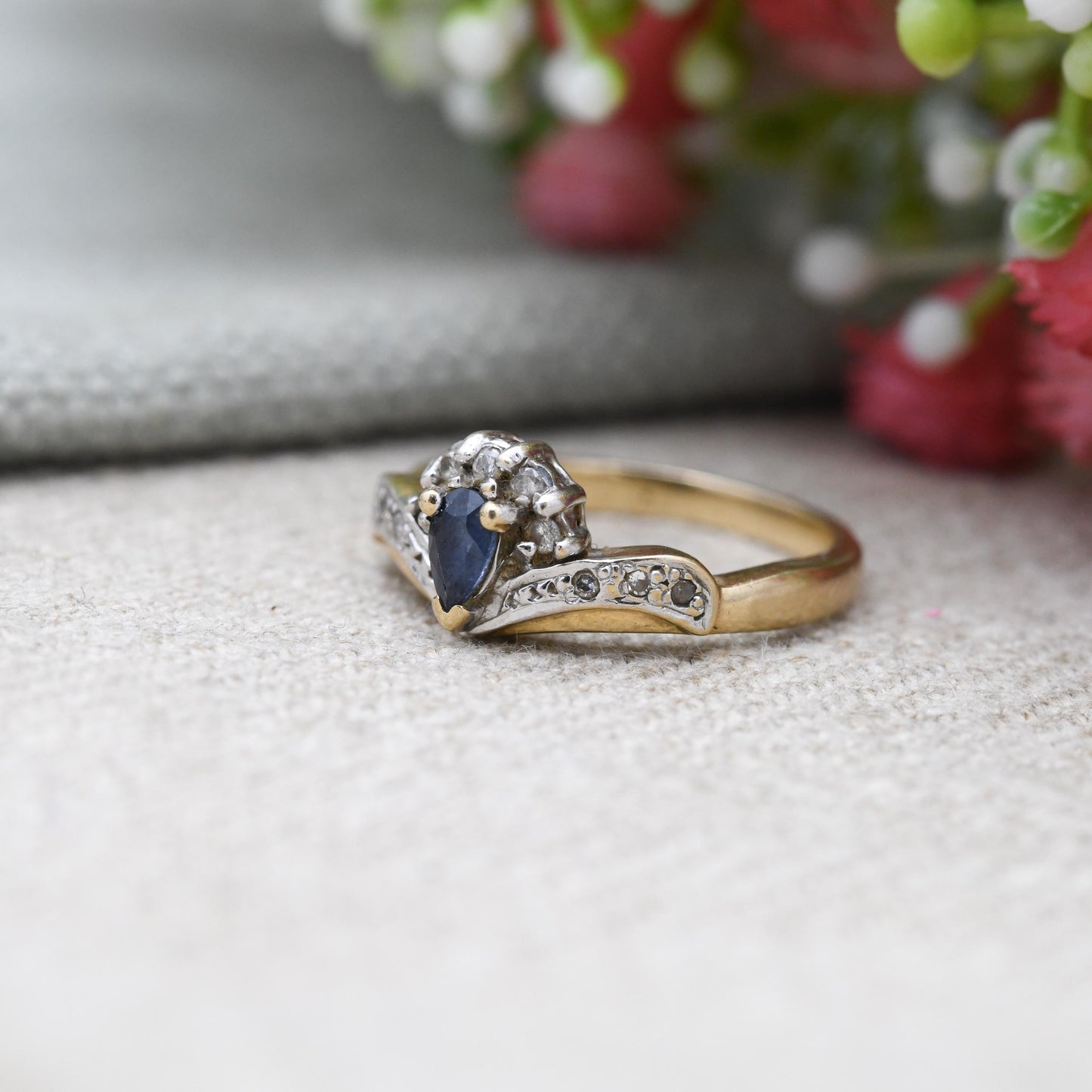 Vintage 9ct Gold Diamond Sapphire Ring - Wishbone Cluster Statement Cocktail Deep Blue Engagement Ring Gift | UK Size - M | US Size - 6 1/4
