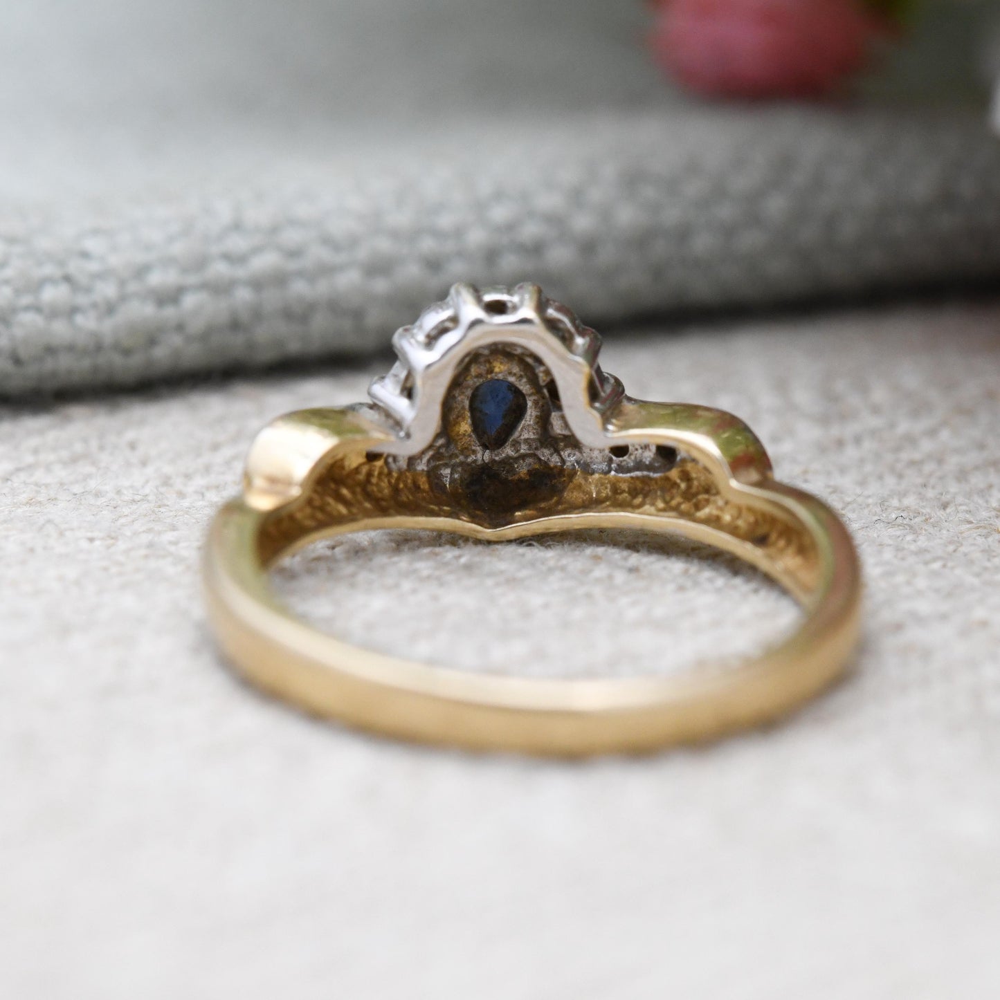 Vintage 9ct Gold Diamond Sapphire Ring - Wishbone Cluster Statement Cocktail Deep Blue Engagement Ring Gift | UK Size - M | US Size - 6 1/4