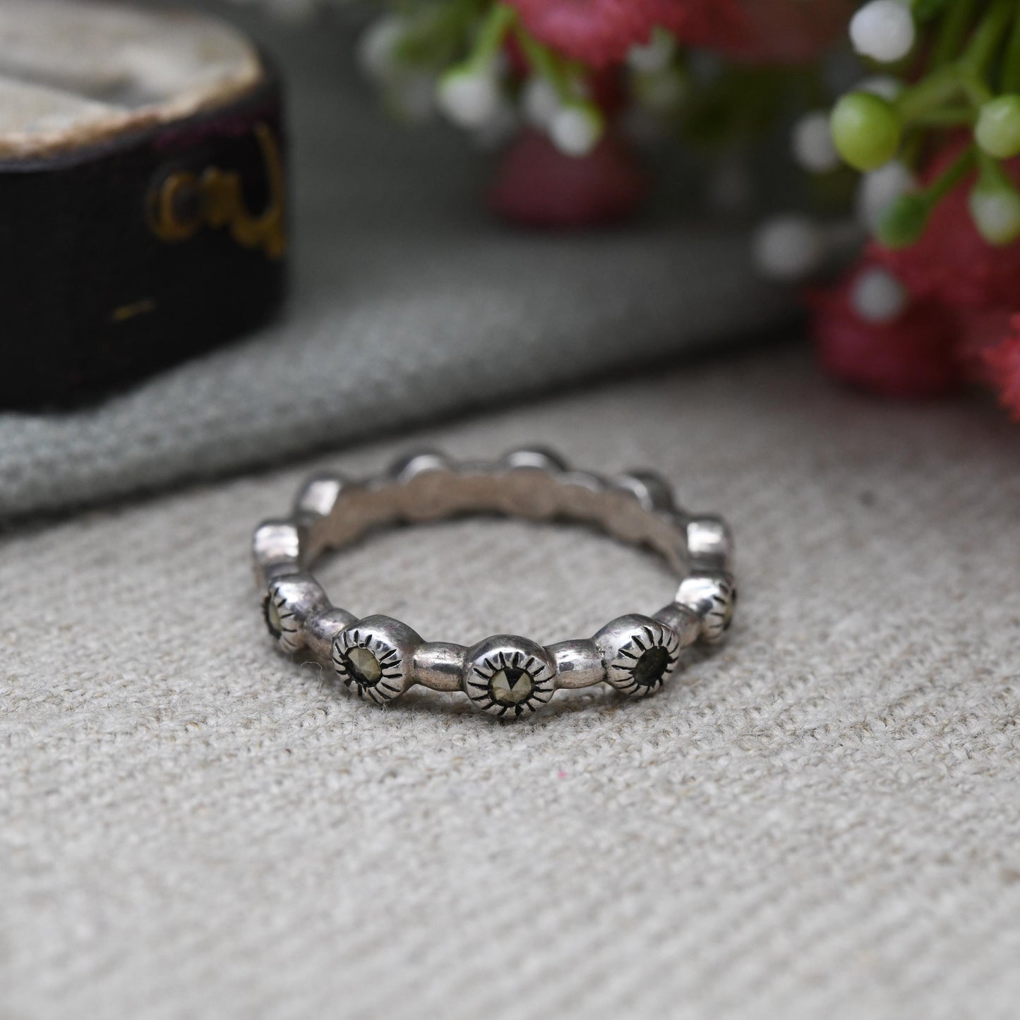 Vintage Sterling Silver Eternity Marcasite Ring - Bar Spaced Faceted Stone Cut | UK Size - S | US Size - 9 1/2
