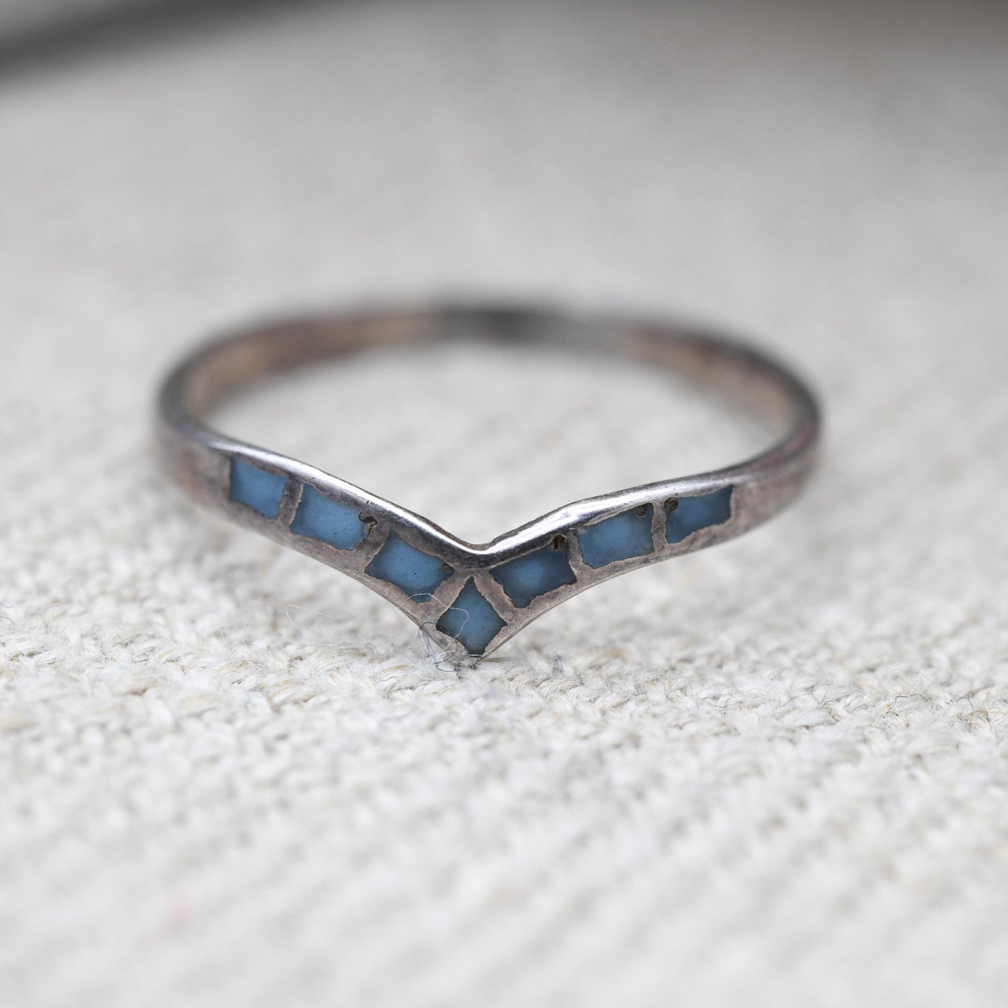 Vintage Sterling Silver Blue Stone Inlay Wishbone Ring - Southwestern Style | Everyday | UK Size - N | US Size - 7 3/4