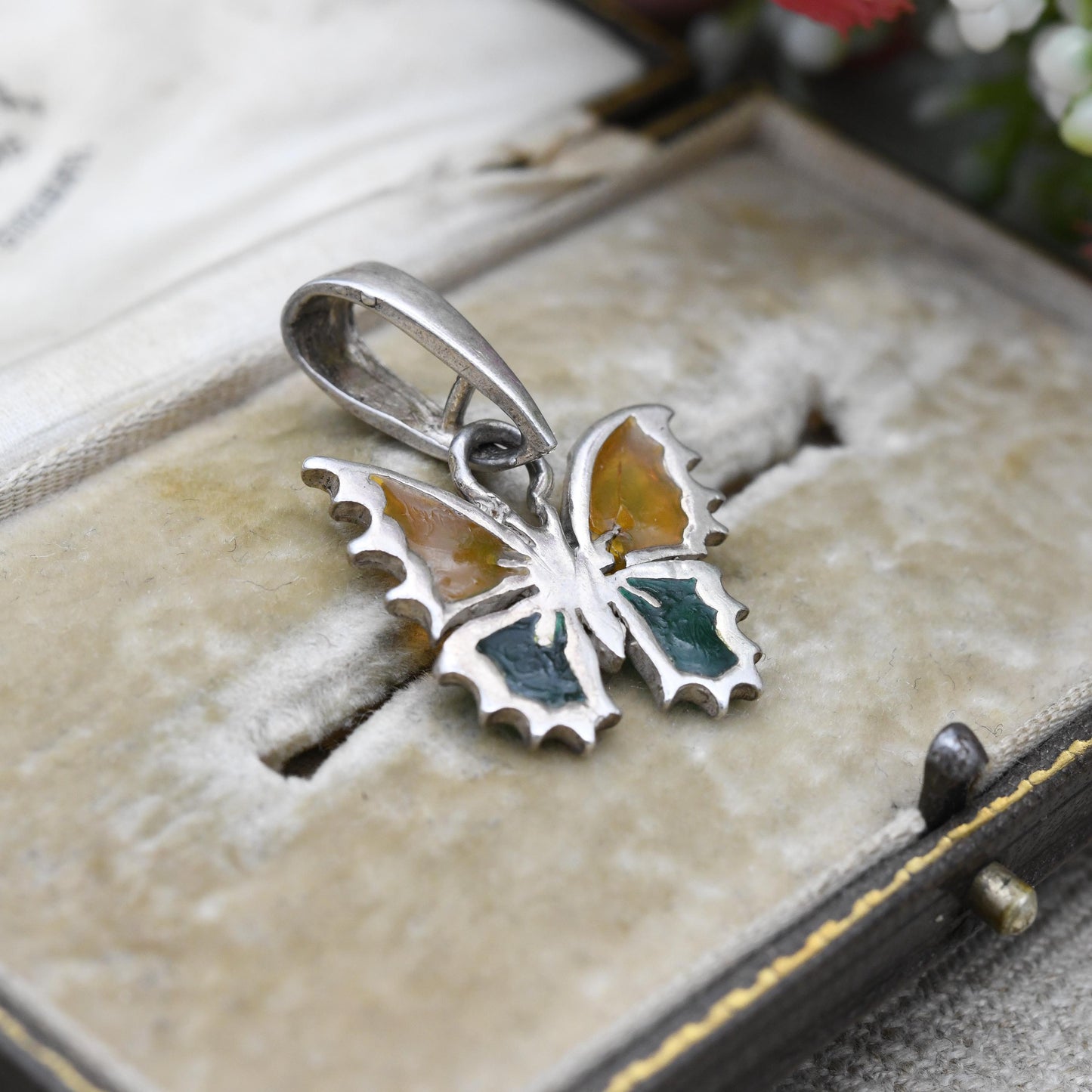 Vintage Sterling Silver Butterfly Pendant with Plique a Jour Wings - Yellow and Green Stained Glass | Pendant Charm Necklace Stack