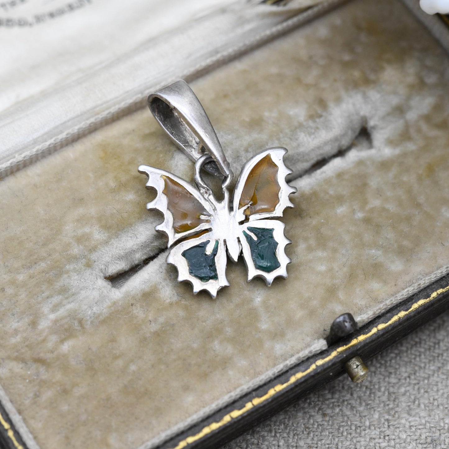 Vintage Sterling Silver Butterfly Pendant with Plique a Jour Wings - Yellow and Green Stained Glass | Pendant Charm Necklace Stack