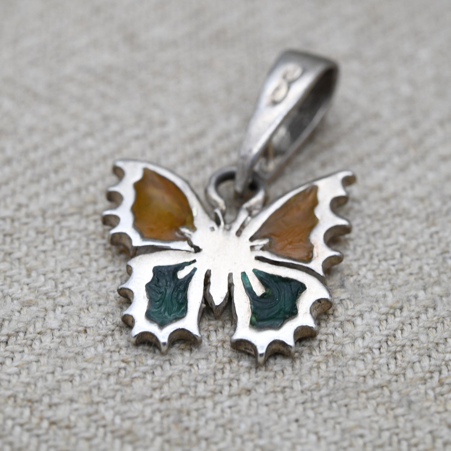 Vintage Sterling Silver Butterfly Pendant with Plique a Jour Wings - Yellow and Green Stained Glass | Pendant Charm Necklace Stack