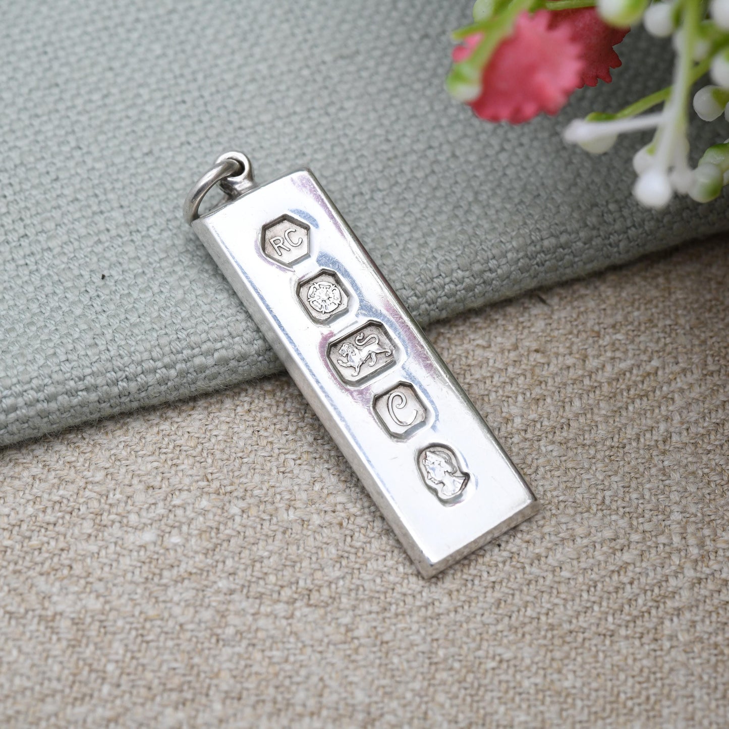 Vintage Sterling Silver Ingot Pendant 1977 Queen Elizabeth II Silver Jubilee Stamp - Hallmarked RC Carrs of Sheffield | Mid-Century Necklace