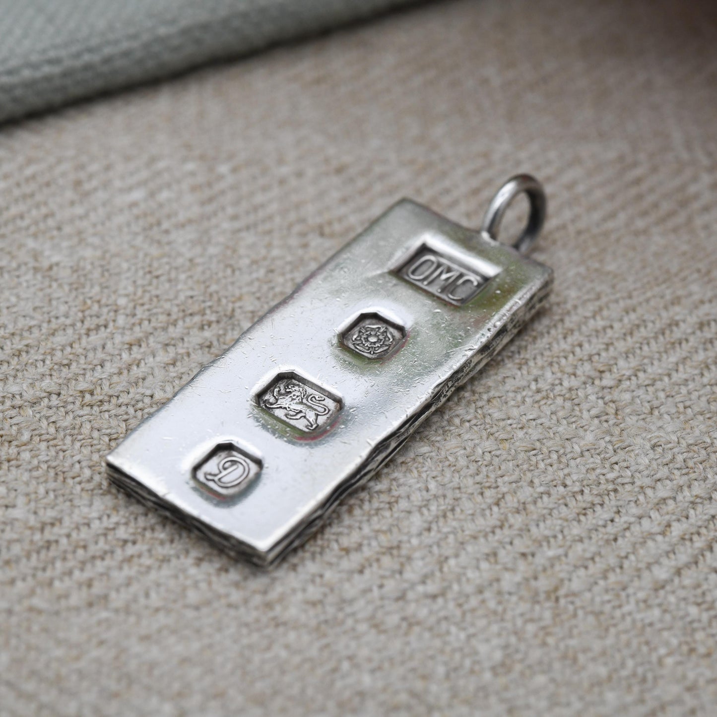 Vintage Sterling Silver Ingot Pendant 1978 - OMC Sheffield Hallmarks | Bark Effect Textured Edge Design | Mid-Century Necklace
