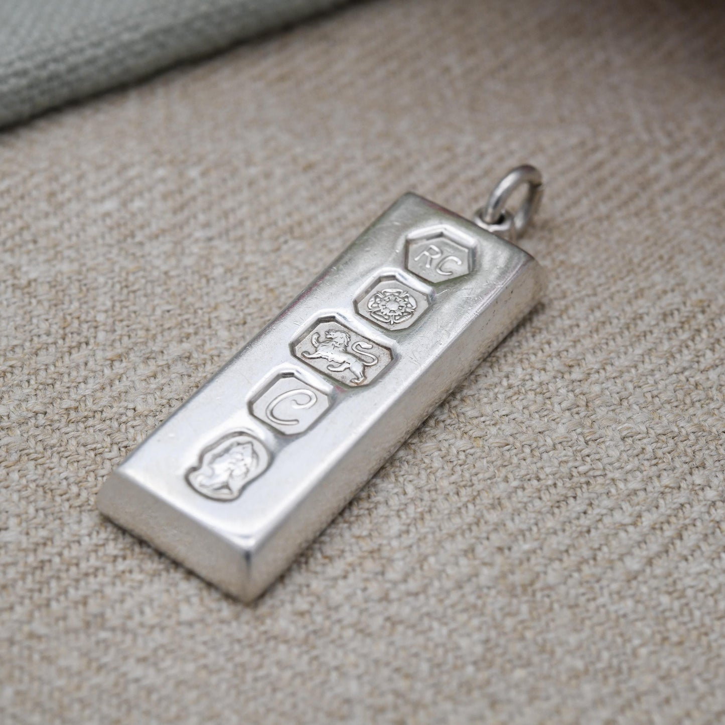 Vintage Sterling Silver Ingot Pendant 1977 Queen Elizabeth II Silver Jubilee Stamp - Hallmarked RC Carrs of Sheffield | Mid-Century Necklace