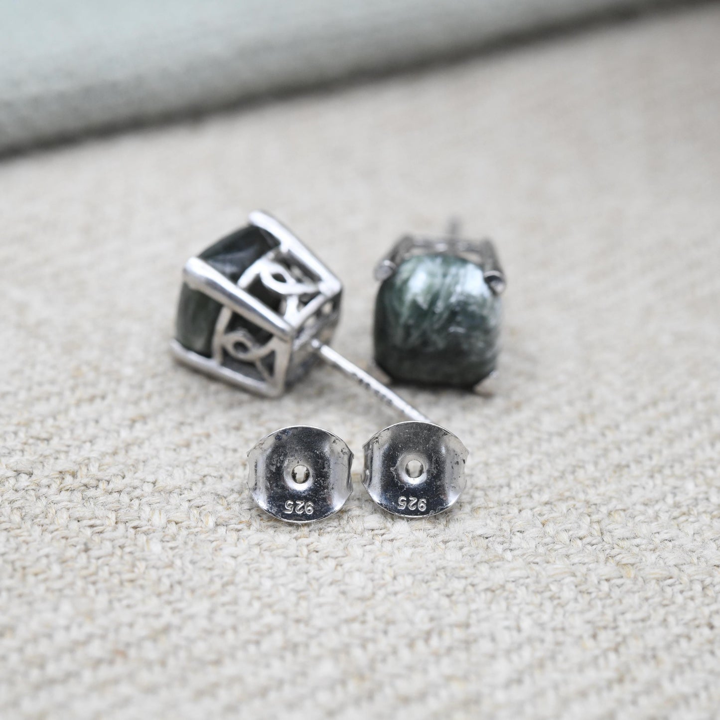 Vintage Sterling Silver Green Stone Stud Earrings - Cute Cabochon Studs | Green Gemstones with Silver Prongs