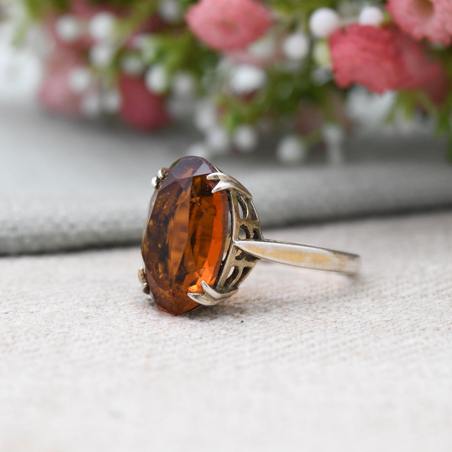 Vintage Gold Plated Sterling Silver Ring with Orange Stone - Midcentury Jewellery with Large Statement Stone | UK Size - Q | US Size - 8 1/4