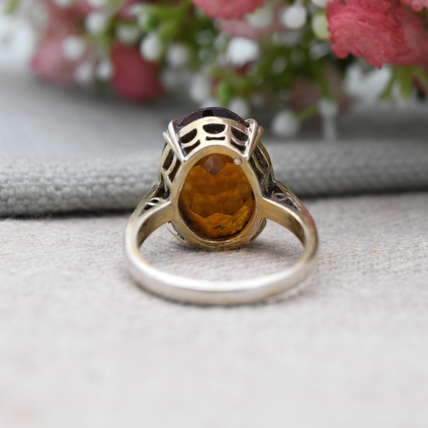 Vintage Gold Plated Sterling Silver Ring with Orange Stone - Midcentury Jewellery with Large Statement Stone | UK Size - Q | US Size - 8 1/4