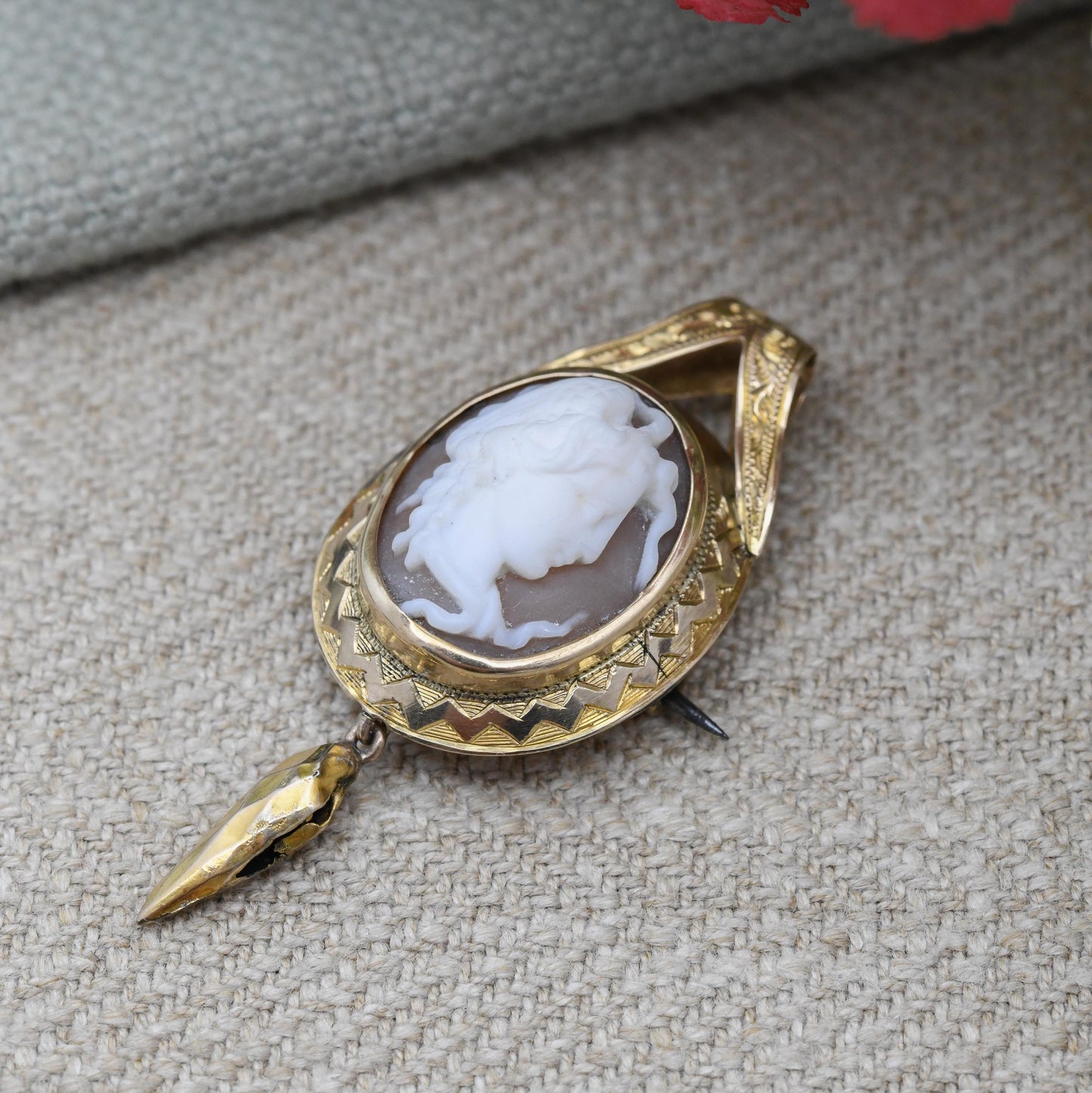 Antique Medusa Shell Cameo Pendant Brooch c. 1840s Victorian - Gorgon Classical Face Bust Engraved Border | Collectable Grand Tour Jewellery