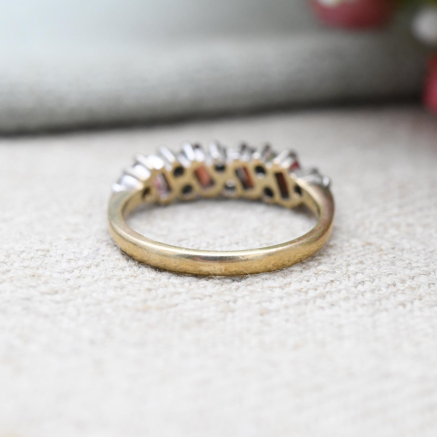Vintage 9ct Gold Garnet Ring 1989 - Baguette Cut Red Gemstone Half Hoop Ring Stack | UK Size - M | US Size - 6