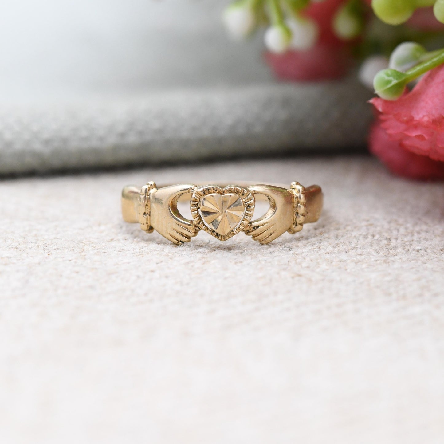 Antique 9ct Gold Dublin Claddagh Ring - Irish Hands Holding Heart Symbol | Diamond Cut Heart | UK Size - L 1/2 | US Size - 6