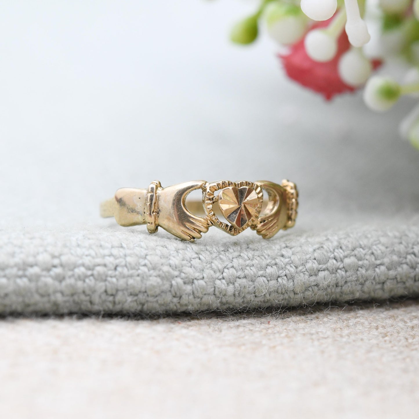 Antique 9ct Gold Dublin Claddagh Ring - Irish Hands Holding Heart Symbol | Diamond Cut Heart | UK Size - L 1/2 | US Size - 6