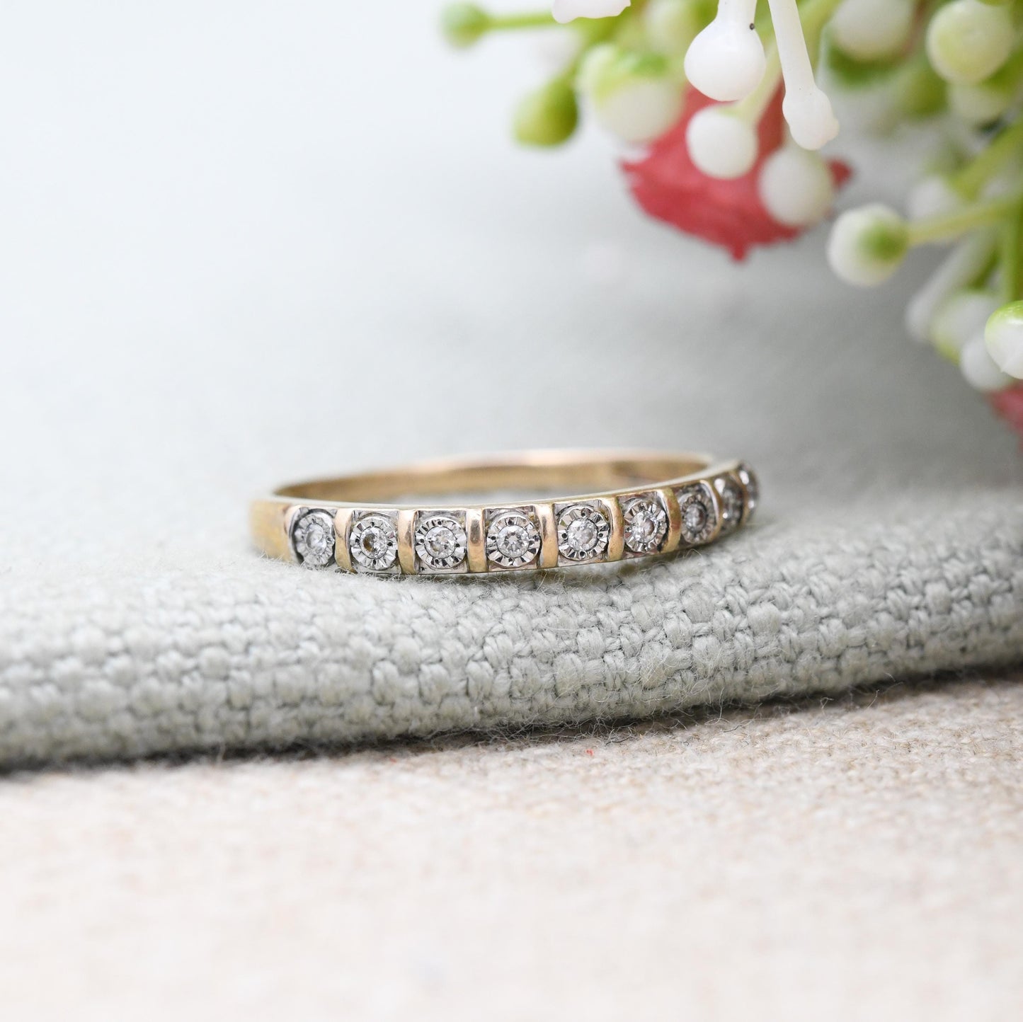 Vintage 9ct Gold Diamond Half Eternity Ring - Flush Illusion Stones Half Hoop Ring Stacking Diamond Ring Gift | UK Size - R US Size - 8 3/4