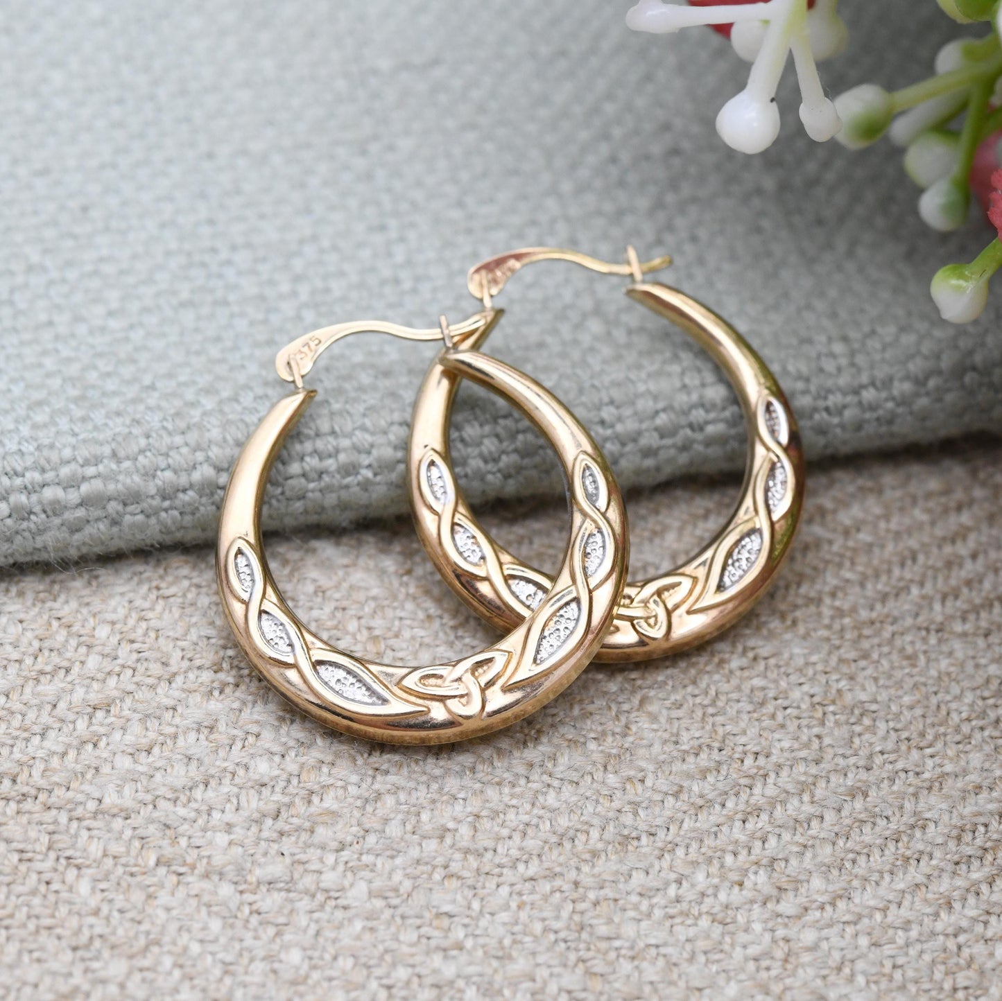 9ct Gold Celtic Hoop Earrings - Two-Tone Triquetra Twist Design | Hollow Hoops | Yellow and White Gold | Pretty Gold Jewellery Gift for Her