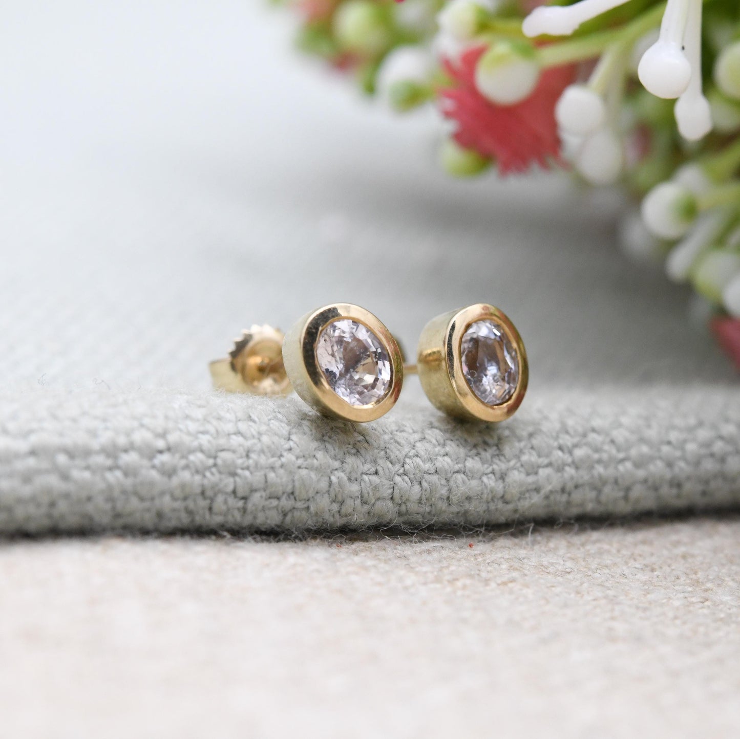 9ct Gold Stud Earrings with Bezel Set Oval Clear Stone - Y2K Pretty Yellow Gold | Faceted Sparkly Stone | with Butterfly Backs | UK Hallmark