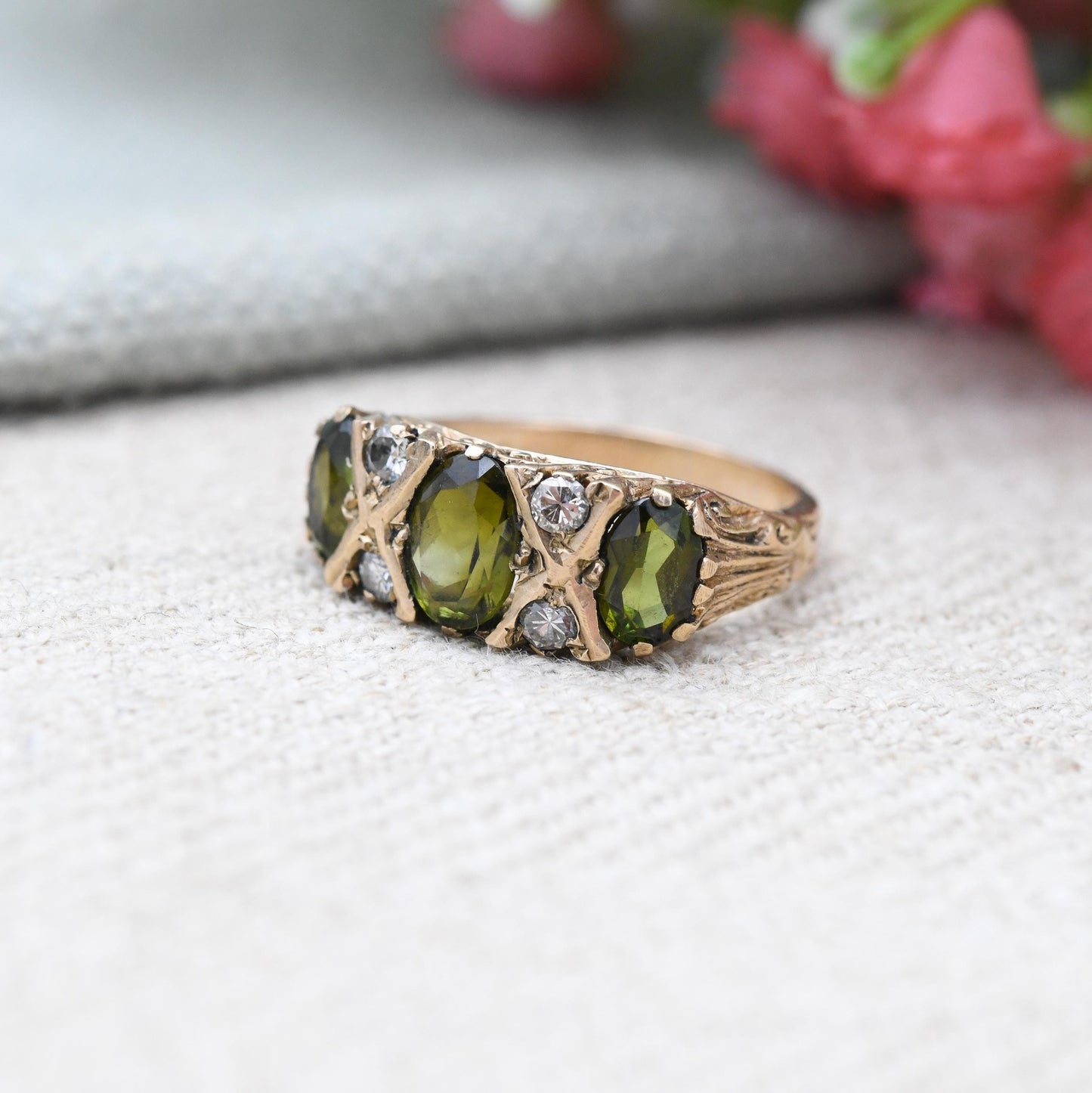 Vintage 9ct Gold Tourmaline Three Stone Ring - Olive Green Flush Set Trilogy Half Eternity Ring Accent Stones | UK Size - L US Size - 5 3/4