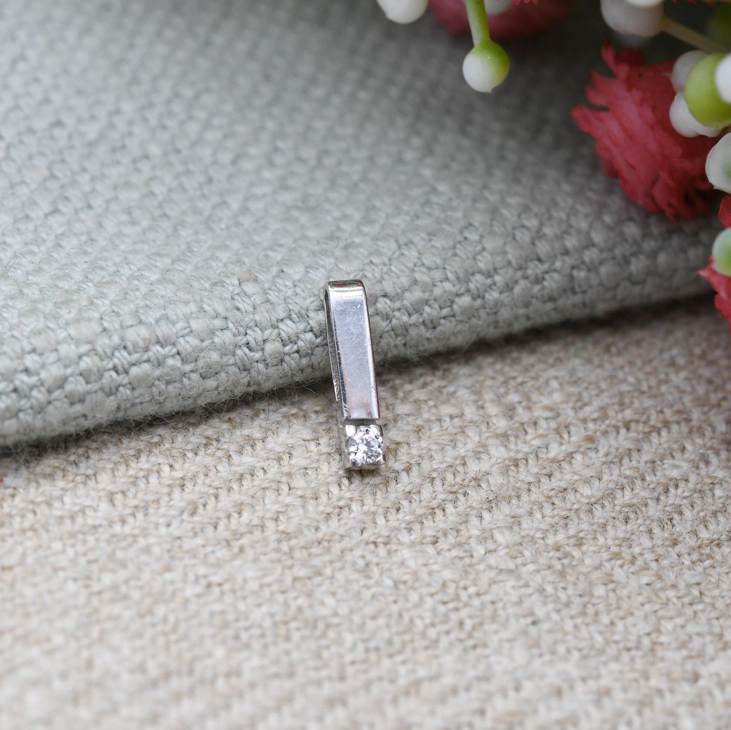 Vintage 9ct White Gold CZ Pendant Italian - Solid Gold Minimalist Gift for Her | Little Bar Pendant Charm | Illusion Tension Set