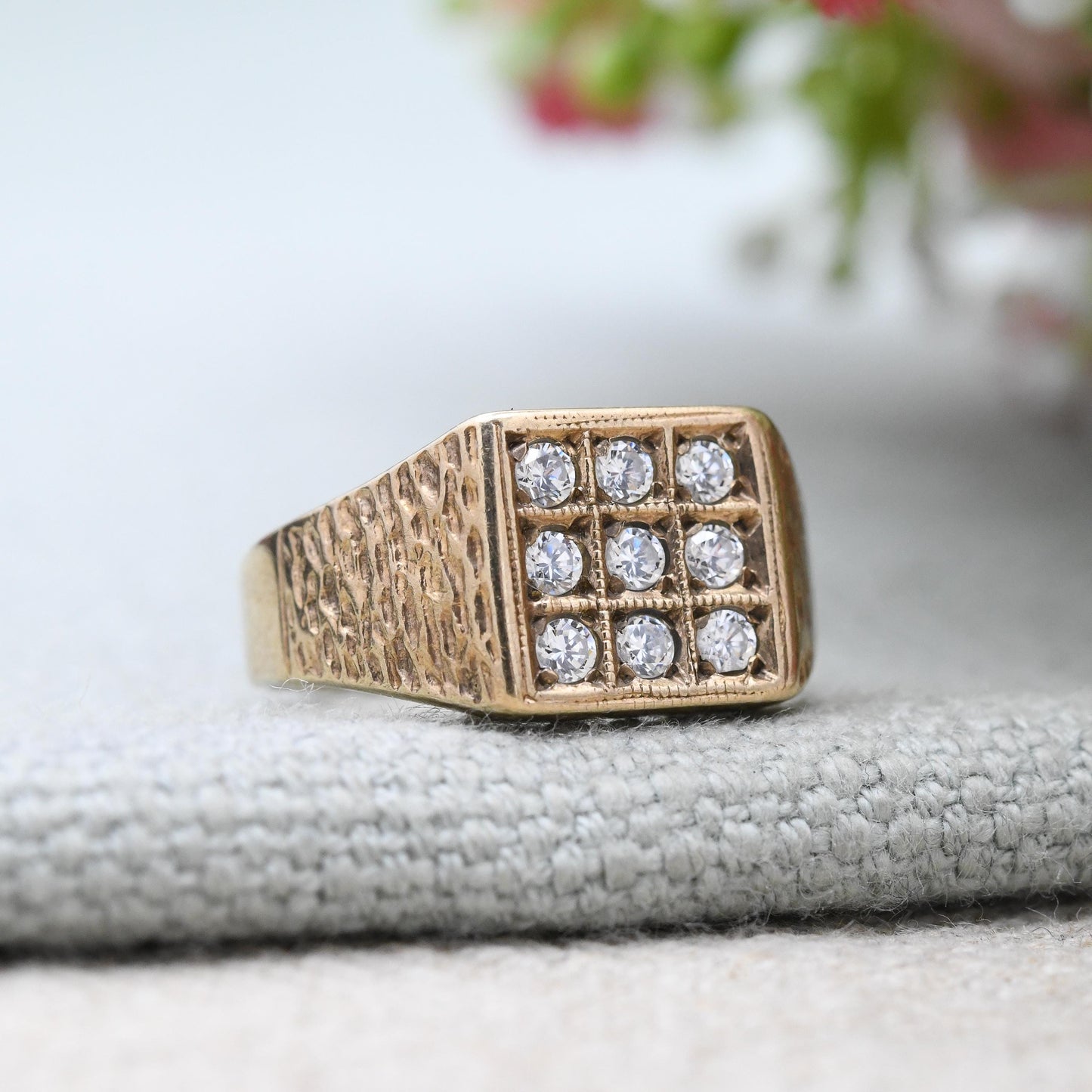 Vintage 9ct Gold CZ Signet Ring - 3 Rows | White Stone | Unisex Solid Yellow Gold Jewellery Gift for Him | UK Size - L | US Size - 5 3/4
