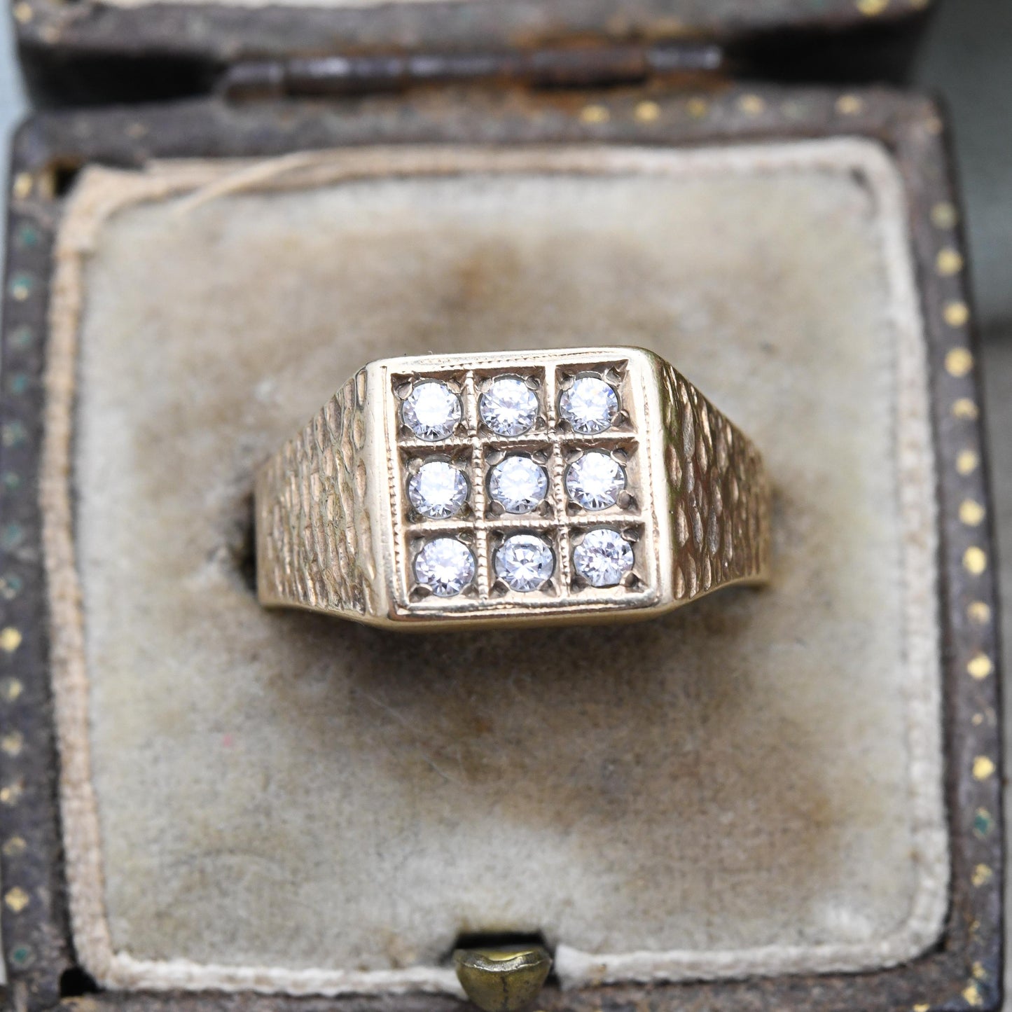 Vintage 9ct Gold CZ Signet Ring - 3 Rows | White Stone | Unisex Solid Yellow Gold Jewellery Gift for Him | UK Size - L | US Size - 5 3/4