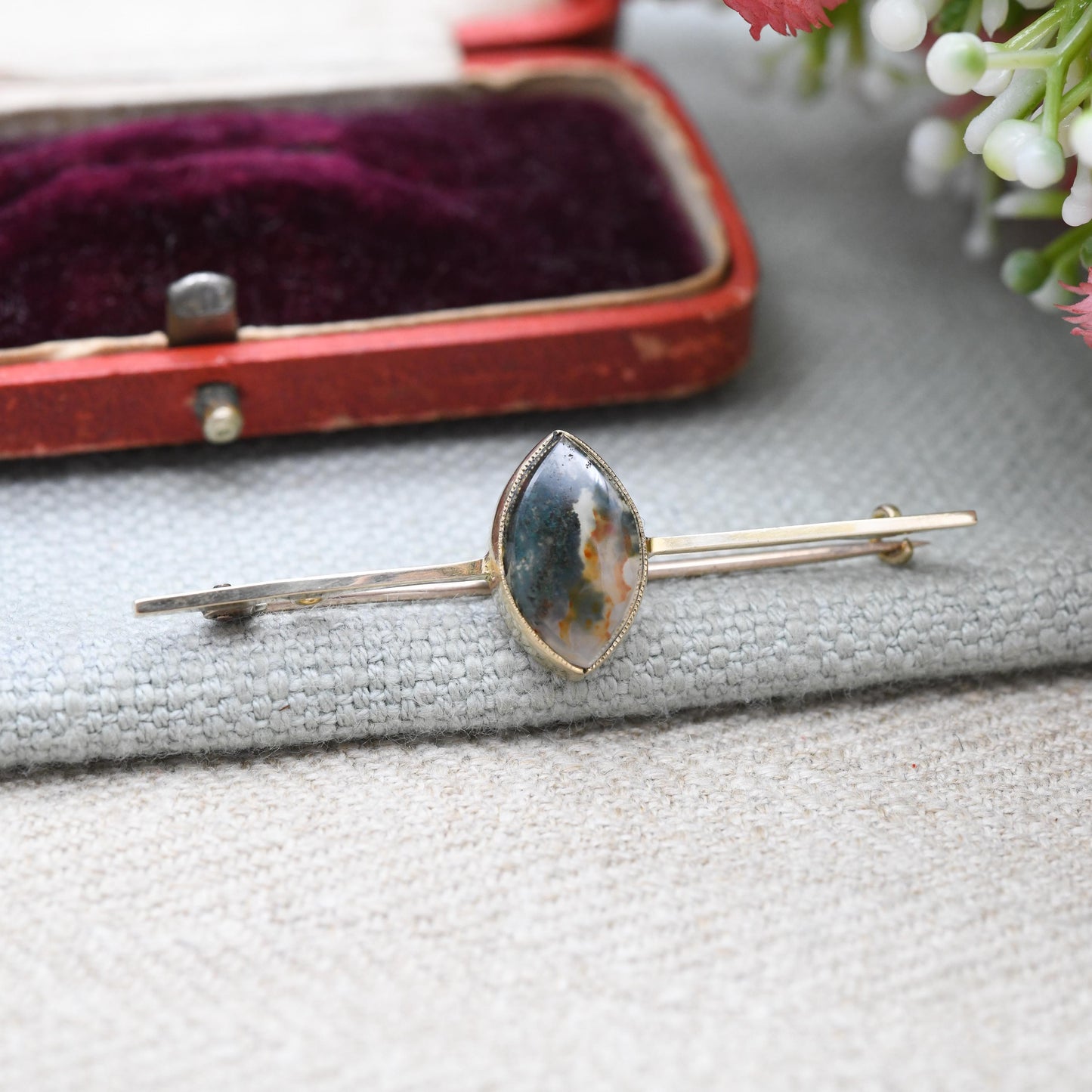 Antique Edwardian 9ct Gold Moss Agate Bar Brooch - Nature | Pretty Antique Gift | Solid Gold Gemstone Jewellery | Statement Pin