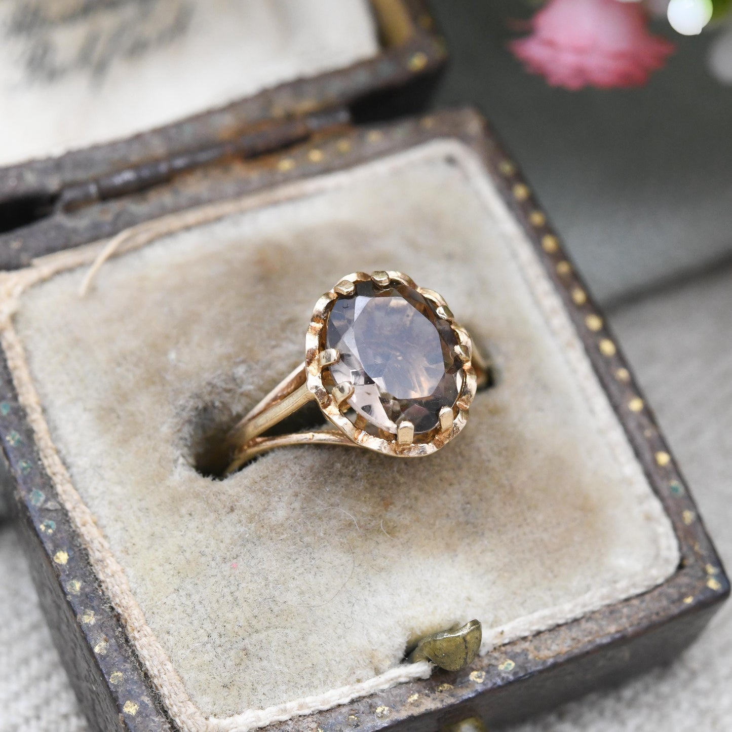 Vintage 9ct Gold Ring Smoky Quartz Statement Ring 1977 PDL - Mid-Century Large Gemstone | UK Size - L | US Size - 5 3/4