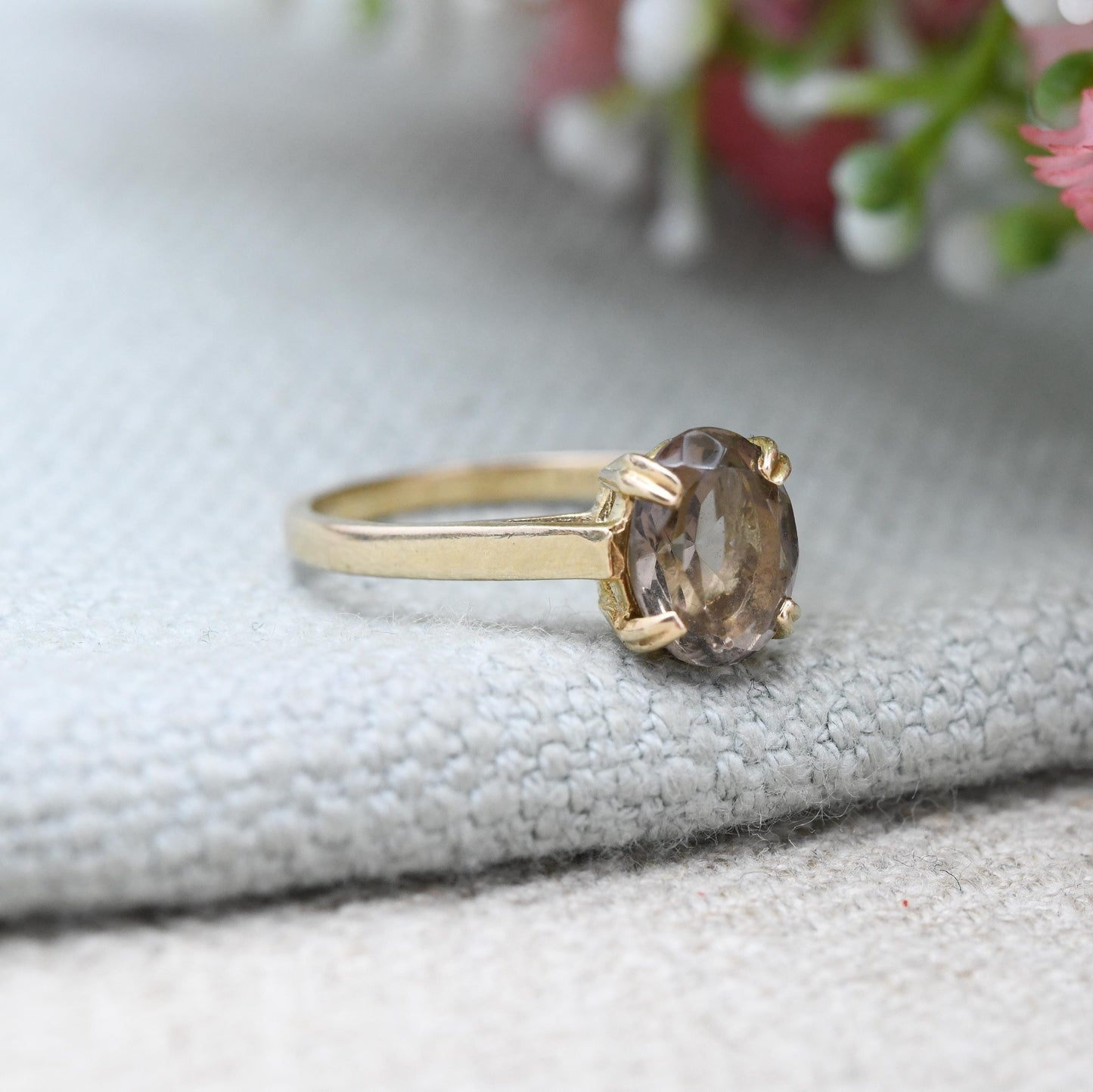 Vintage 9ct Gold Ring Smoky Quartz Statement Ring 1982 - Mid-Century Large Gemstone | UK Size - L 1/2 | US Size - 6