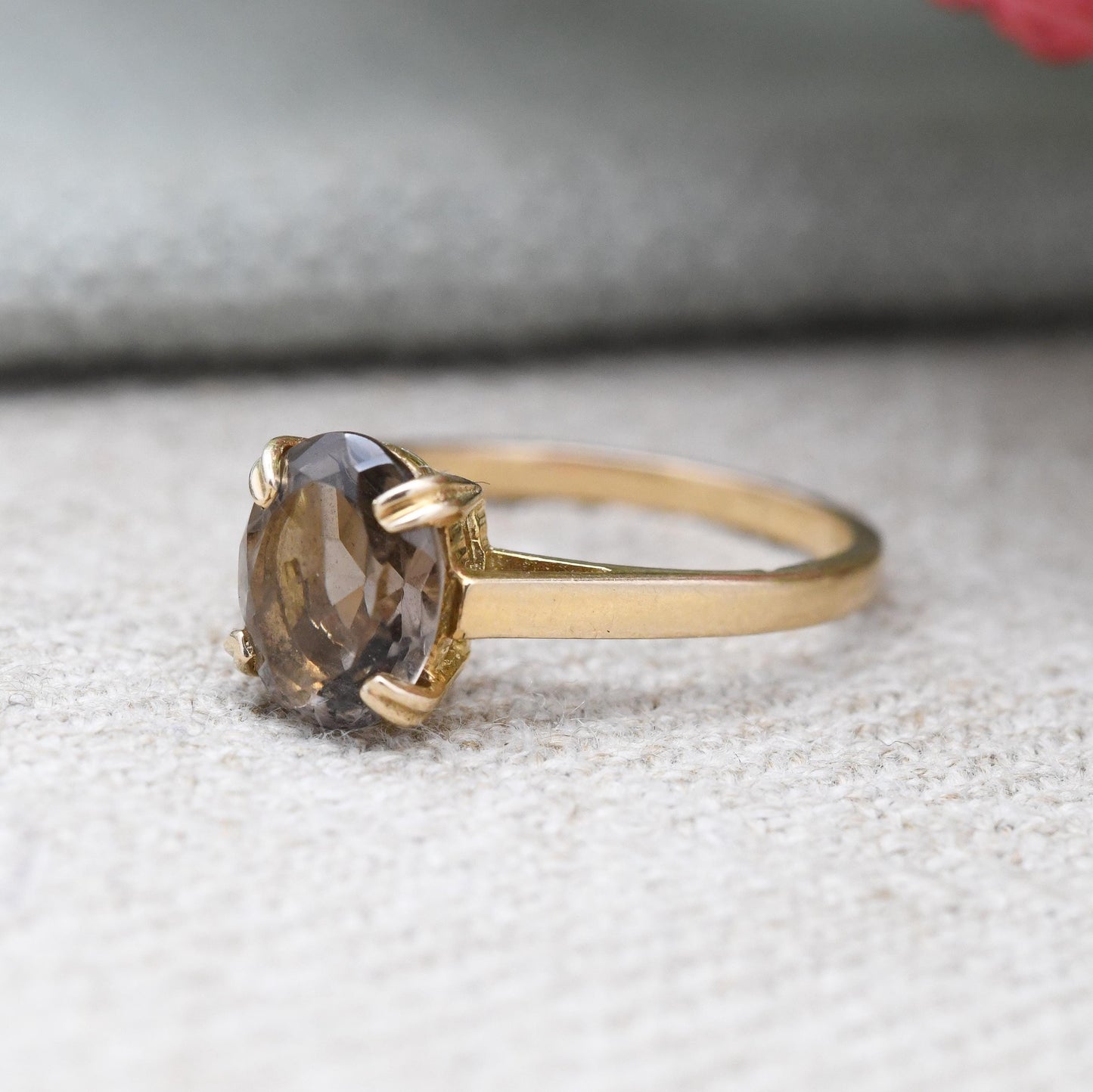 Vintage 9ct Gold Ring Smoky Quartz Statement Ring 1982 - Mid-Century Large Gemstone | UK Size - L 1/2 | US Size - 6