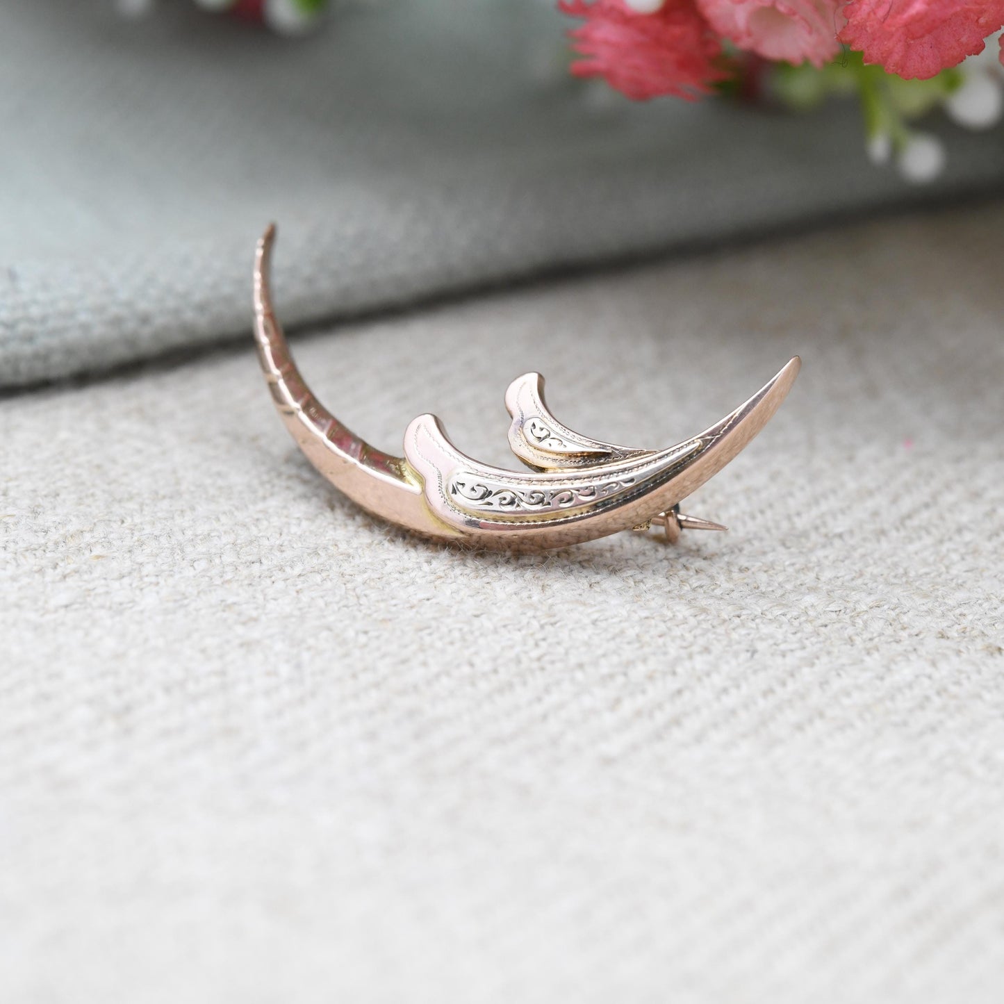 Antique 9ct Gold Crescent Moon Brooch - Edwardian Etched Rose and Yellow Gold