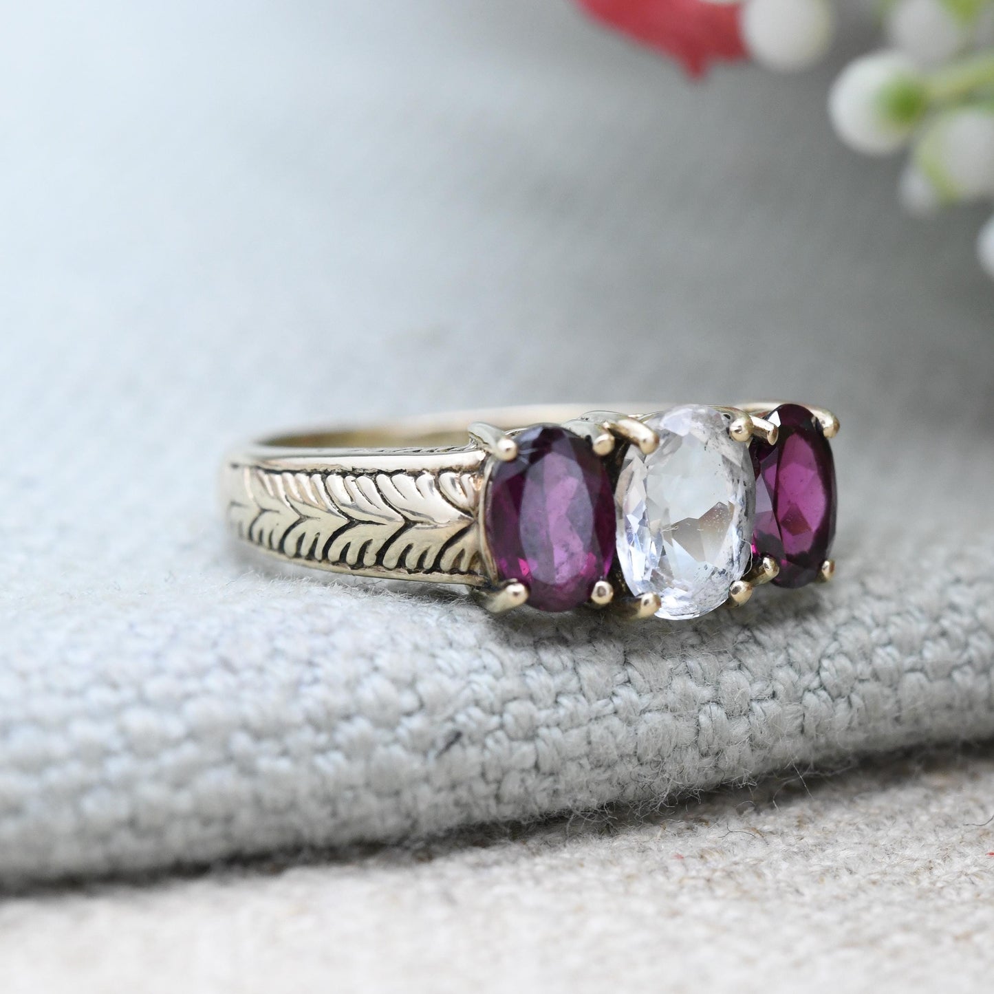 Vintage 9ct Gold Three Stone Ring by Gemporia GTV - Antique Style Engraved Shank | Pink and Clear Gemstones | UK Size - N | US Size - 7