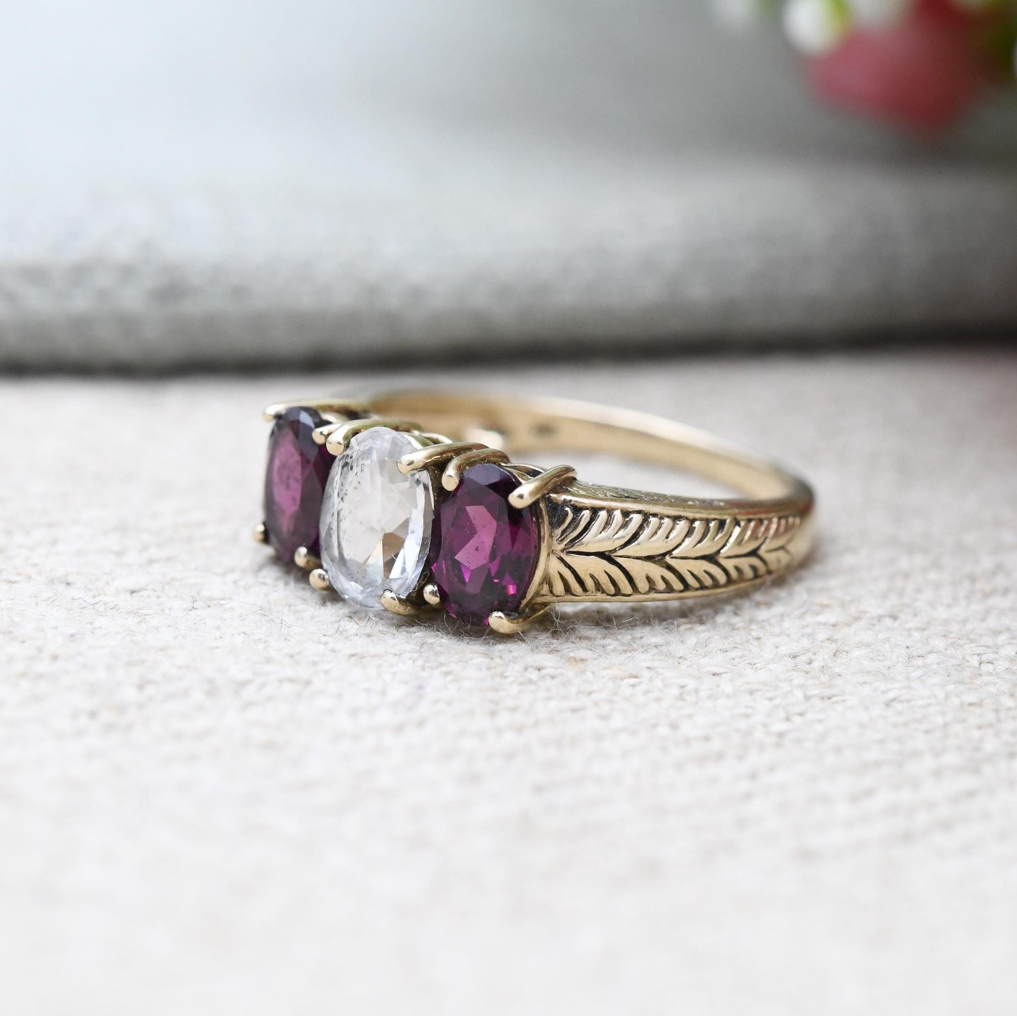 Vintage 9ct Gold Three Stone Ring by Gemporia GTV - Antique Style Engraved Shank | Pink and Clear Gemstones | UK Size - N | US Size - 7