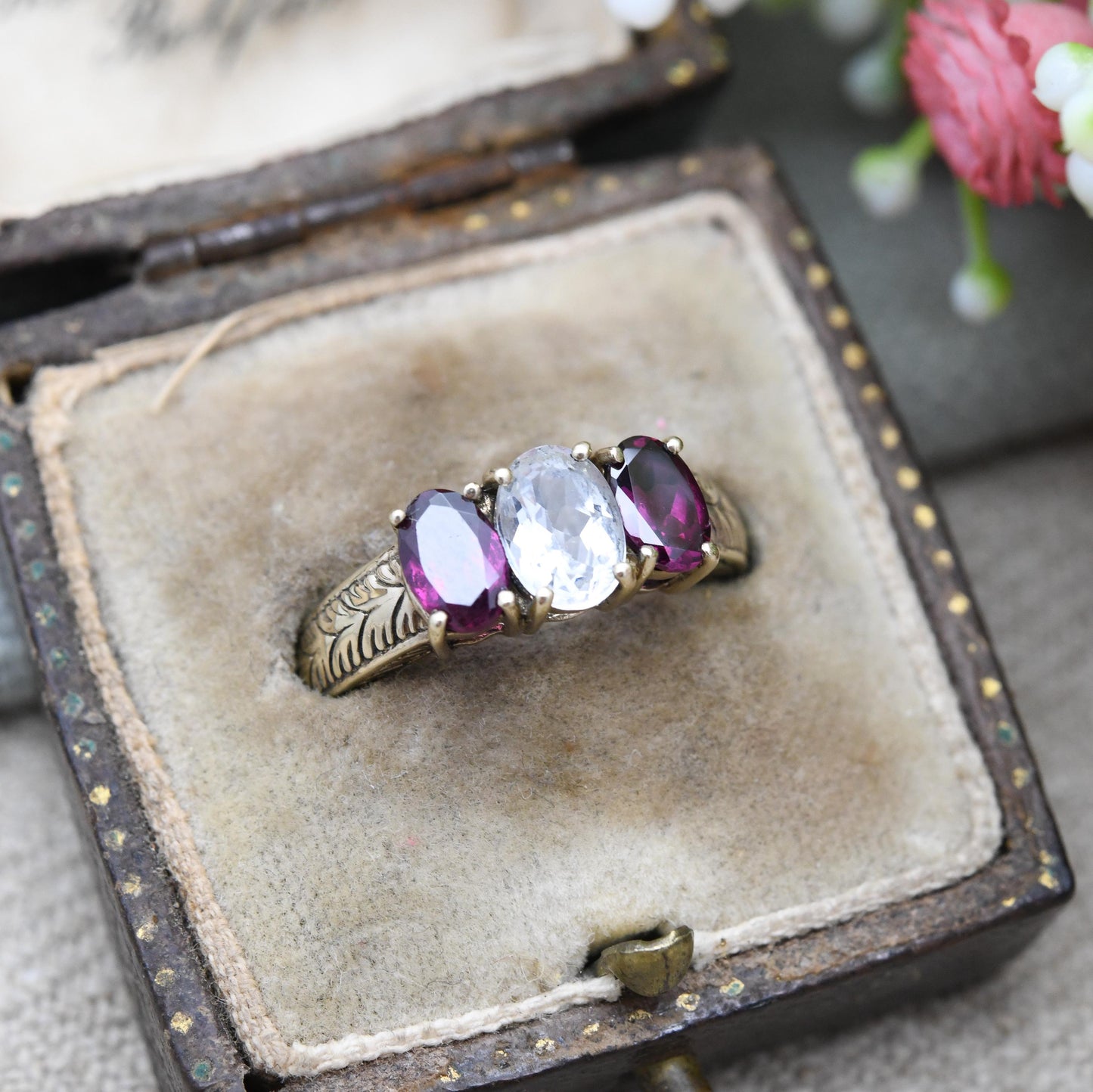 Vintage 9ct Gold Three Stone Ring by Gemporia GTV - Antique Style Engraved Shank | Pink and Clear Gemstones | UK Size - N | US Size - 7