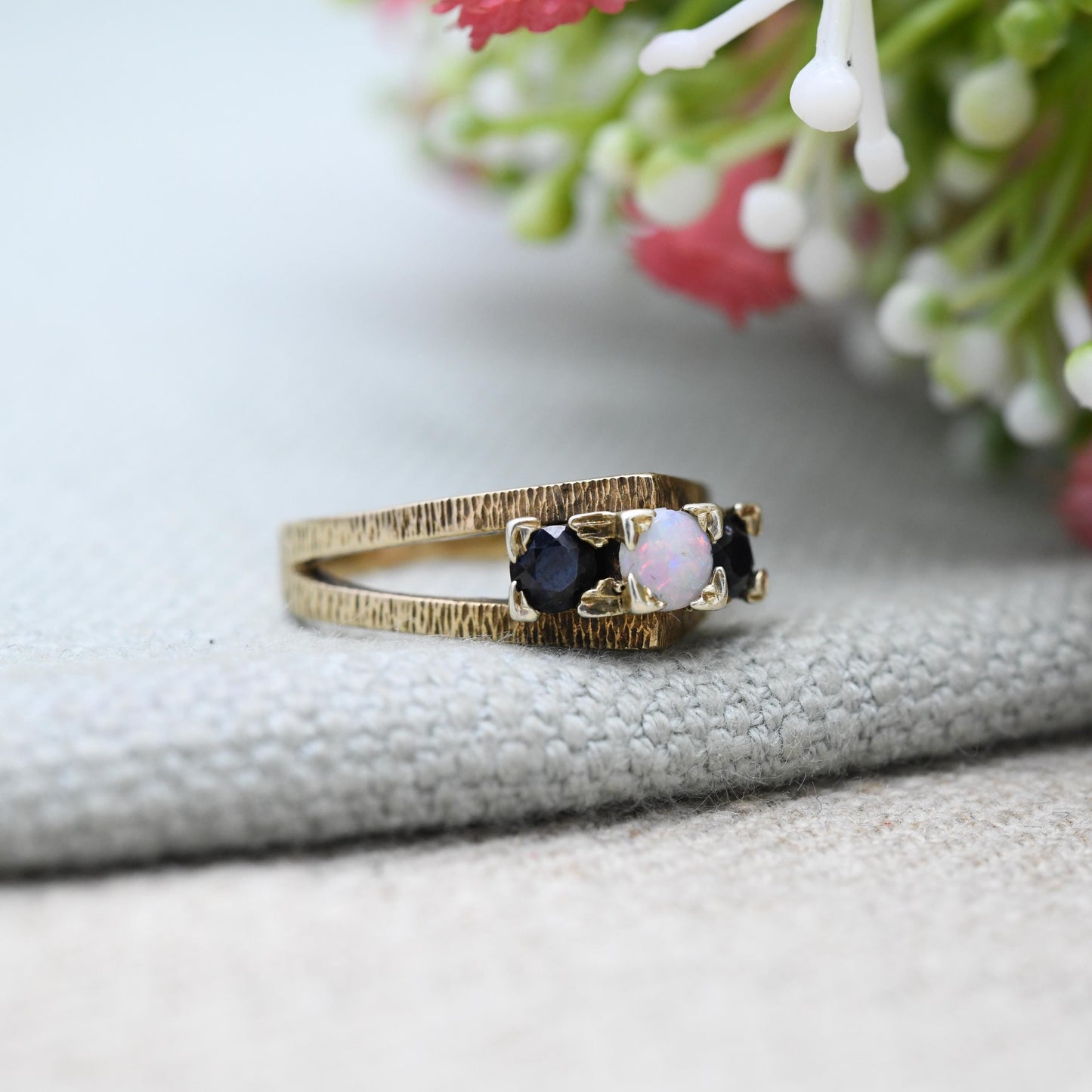 Vintage 9ct Gold Sapphire and Opal Three Stone Ring 1975 - 3 Stone Stacking | Bark Texture Gemstone Gift | UK Size - O 1/2 | US Size - 7 1/2