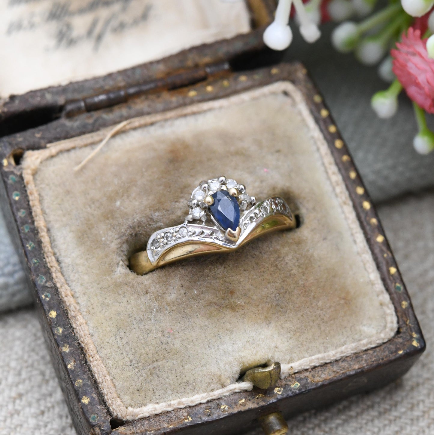 Vintage 9ct Gold Diamond Sapphire Ring - Wishbone Cluster Statement Cocktail Deep Blue Engagement Ring Gift | UK Size - M | US Size - 6 1/4