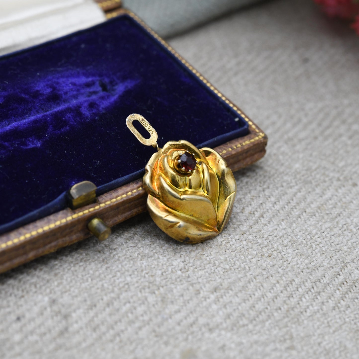 Vintage Sterling Silver Gold Plated Rose Flower Red Stone Pendant - Pretty Textured Flower Jewellery | Gift for Pendant Necklace