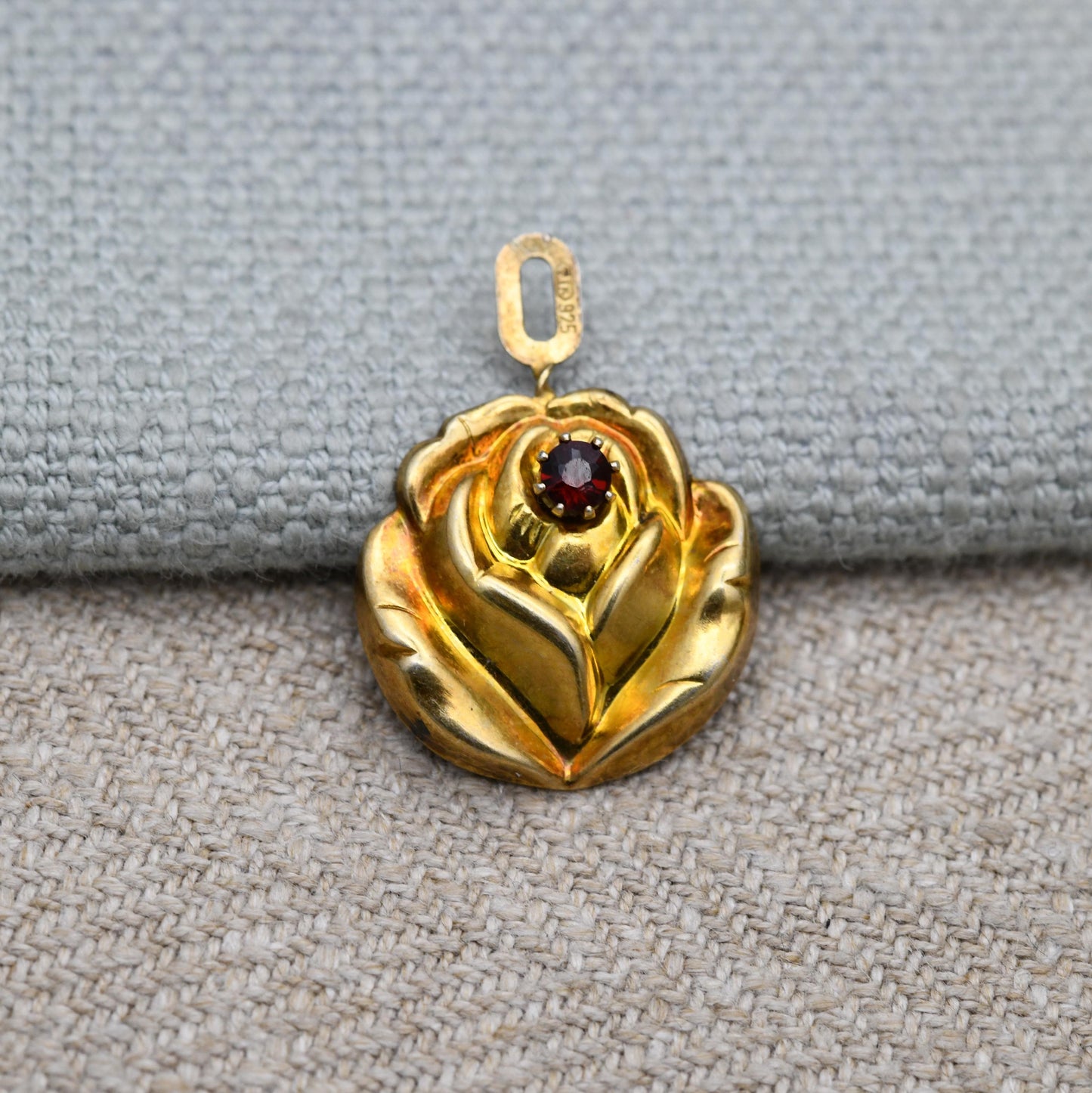 Vintage Sterling Silver Gold Plated Rose Flower Red Stone Pendant - Pretty Textured Flower Jewellery | Gift for Pendant Necklace