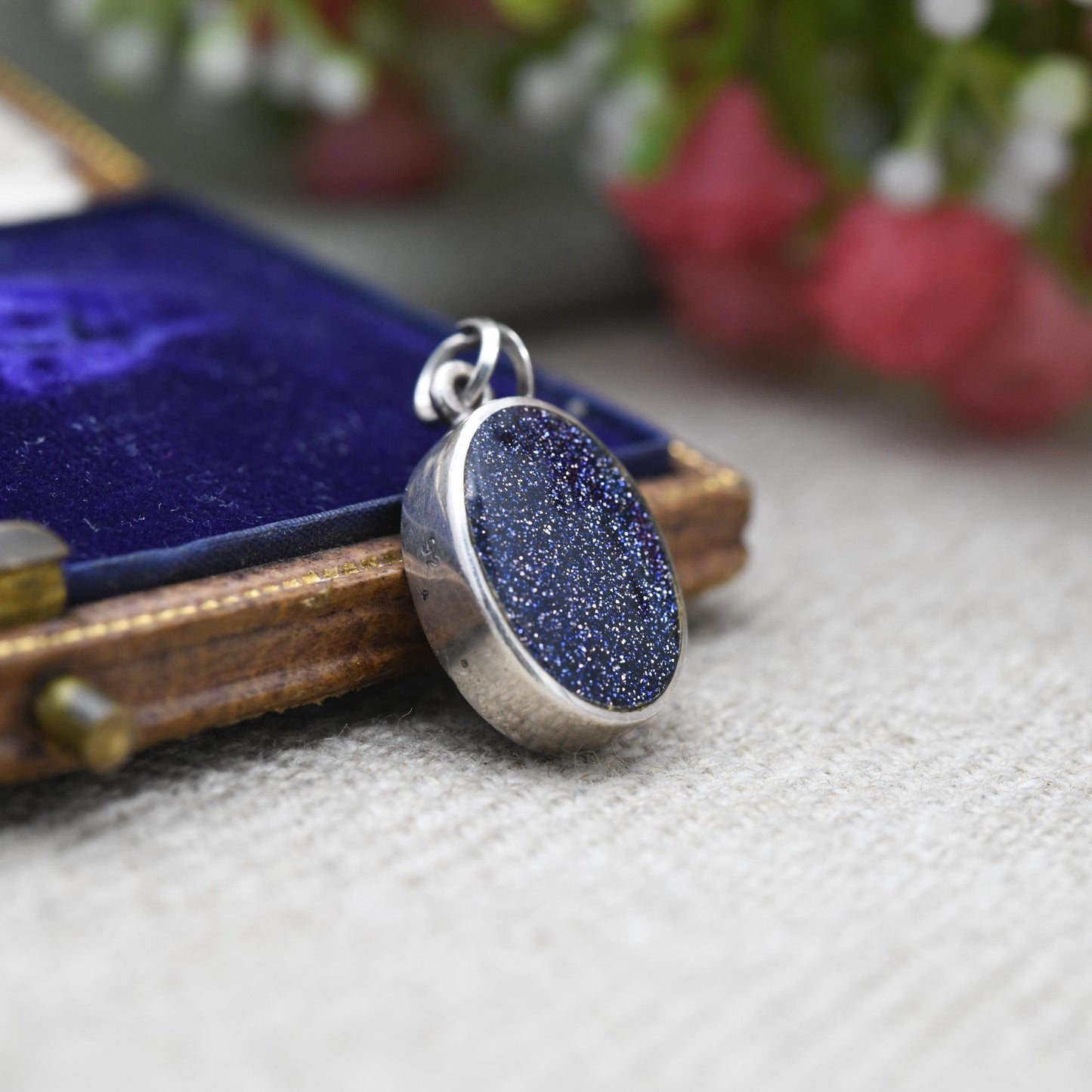 Vintage Sterling Silver Blue Goldstone Pendant - Minimal | Midnight Theme | Gift for Pendant Charm Necklace