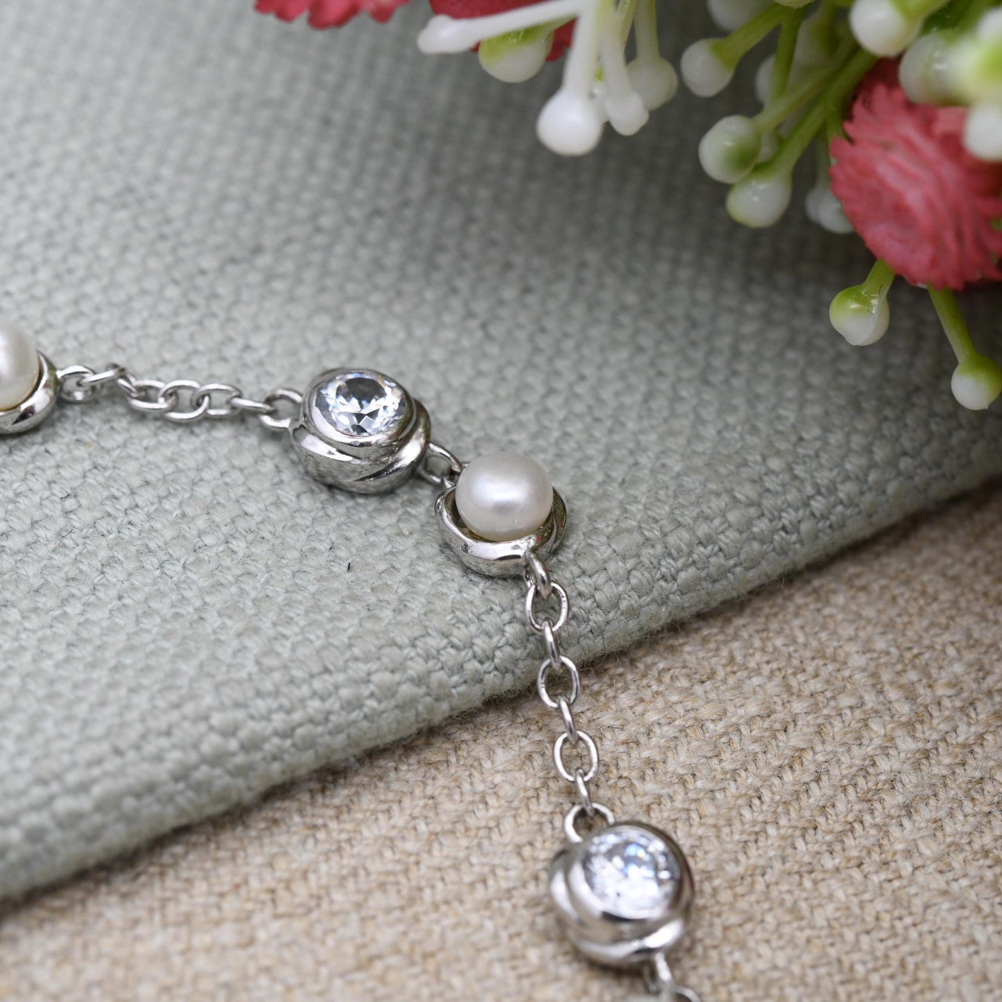 Vintage Fiorelli Sterling Silver White Stone and Pearl Chain Bracelet - Rounded Curb Links | Charm | Beautiful Bracelet