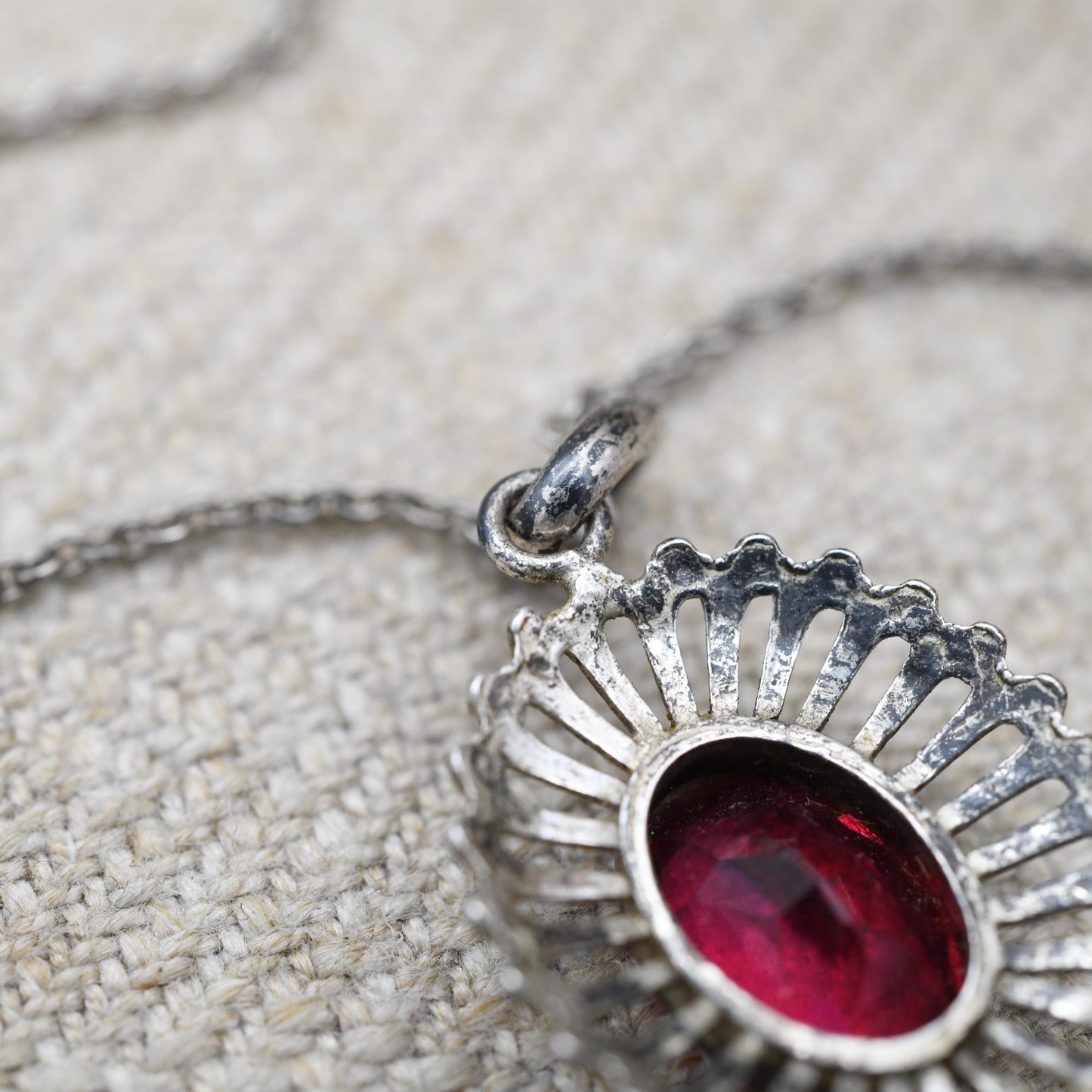 Vintage European Silver Red Stone Necklace and Pendant - Mid-Century | Floral | Milgrain Bezel Setting | Gift for Her | Gift for Him