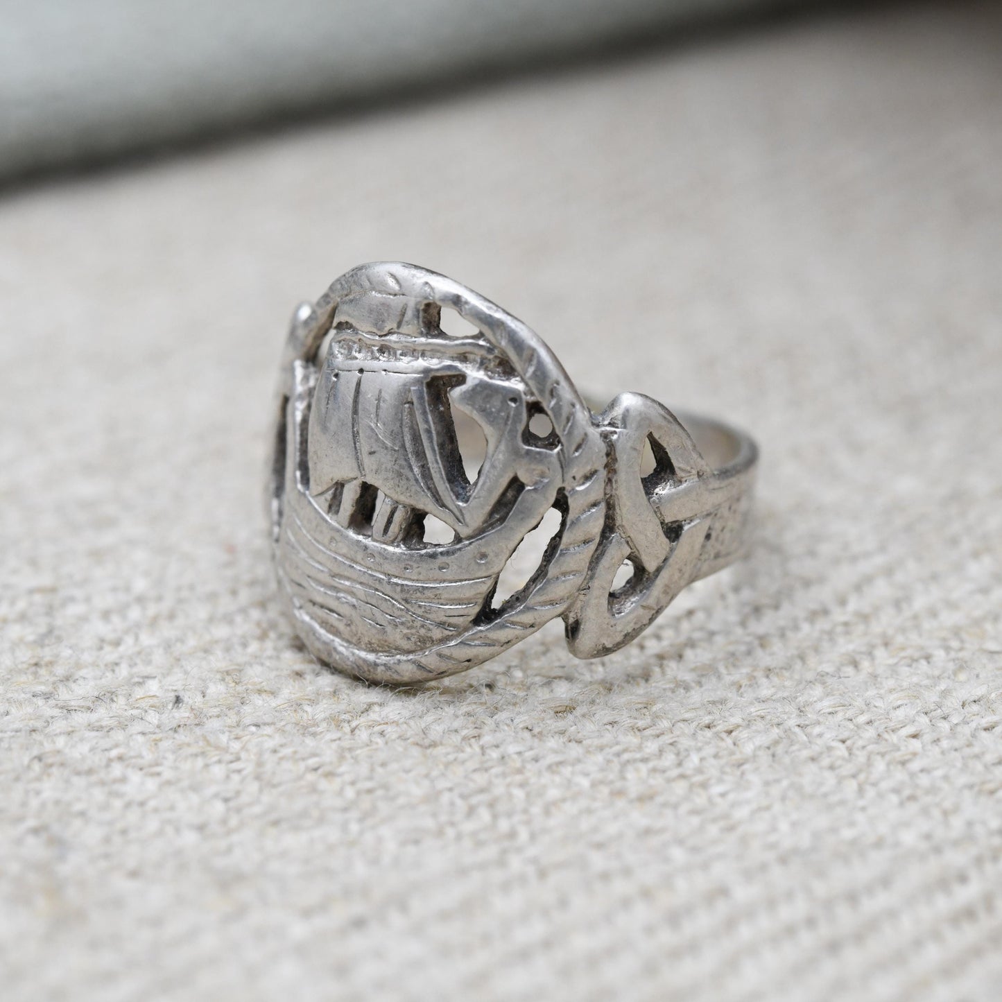 Vintage Sterling Silver Viking Ship Ring - French Kelt Celtic Breton Style Design | Marquise Shape Cameo | UK Size - L 1/2 | US Size - 6 1/4