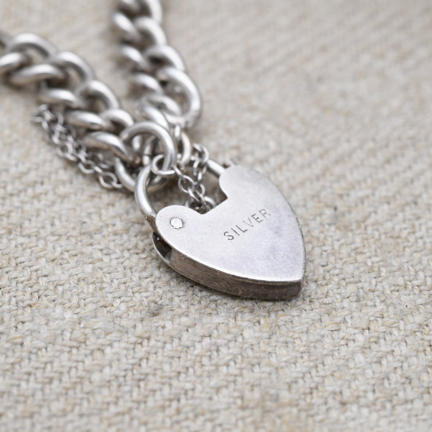 Vintage Sterling Silver Heart Padlock Clasp Chain Bracelet - Curb Links with Safety Chain | Gift for Her